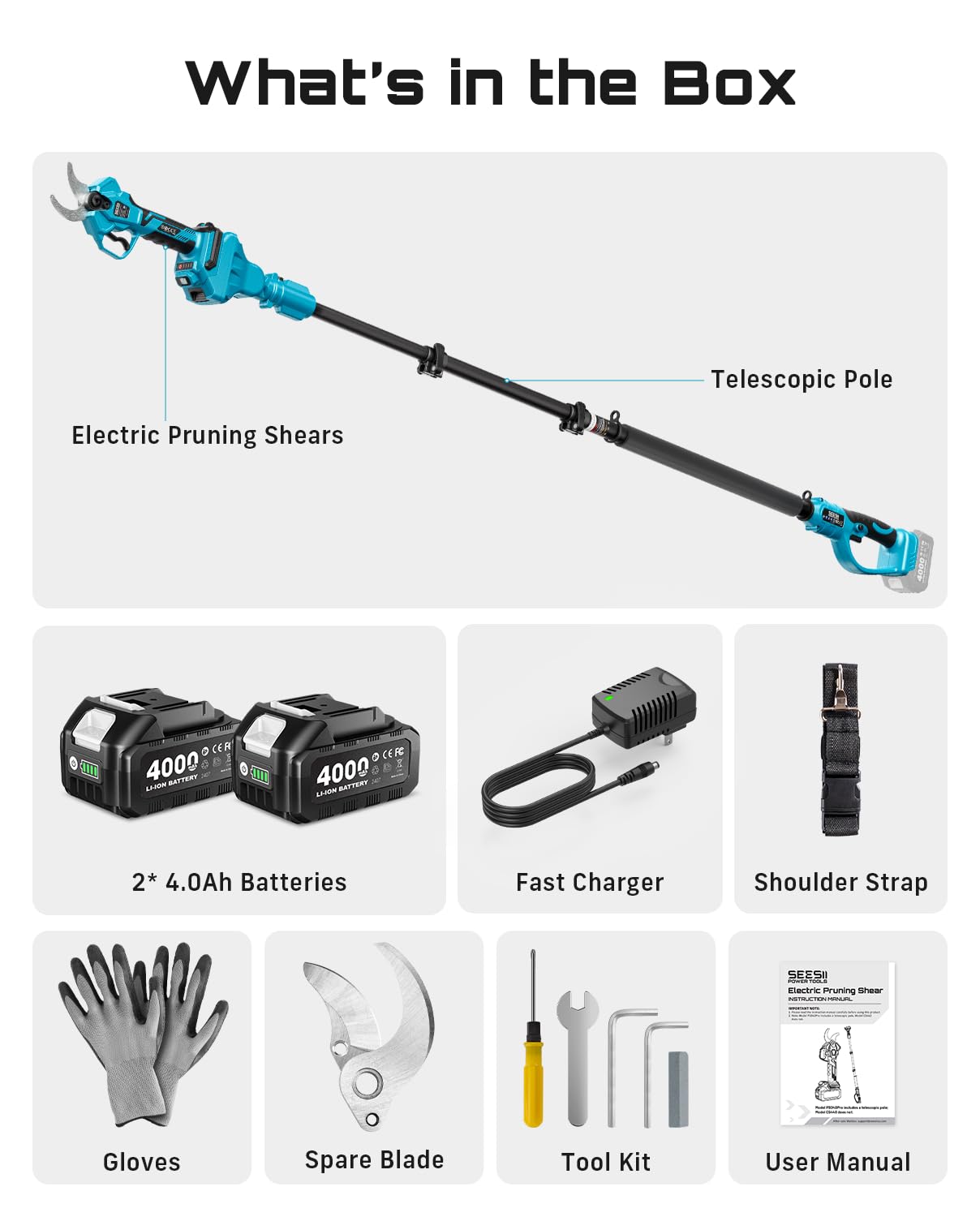 SEESII 2-in-1 Pole Pruning Shears: 1.6" Cutting Diameter Cordless Electric Pole Pruners - Brushless Motor, Dual 4.0Ah Batteries, Extra SK5 Blade, 4 Modes Adjustable Branches Cutter for Tree & Flower