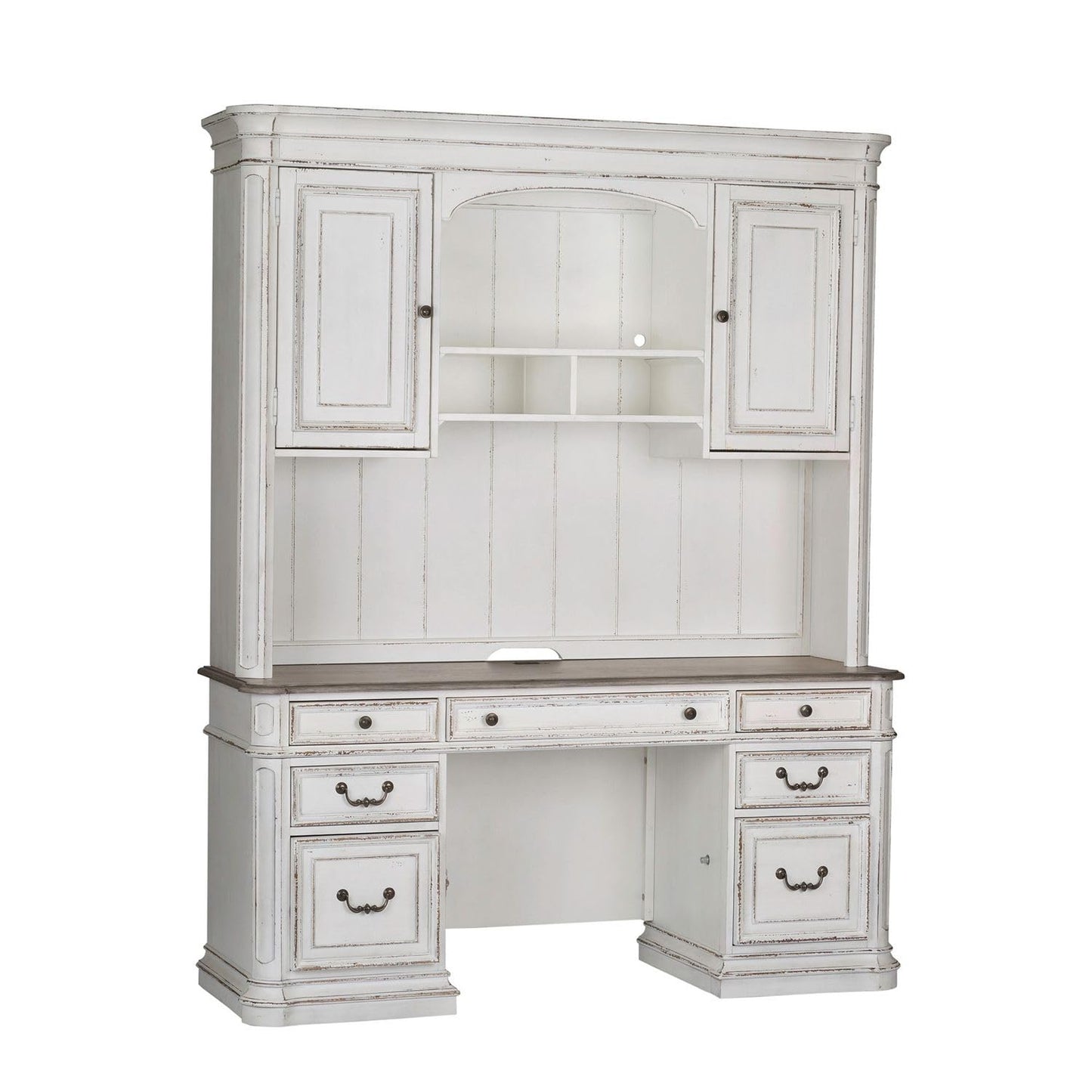 Liberty Furniture Magnolia Manor Credenza Desk & Hutch for Home Office - Antique White & Weathered Bark