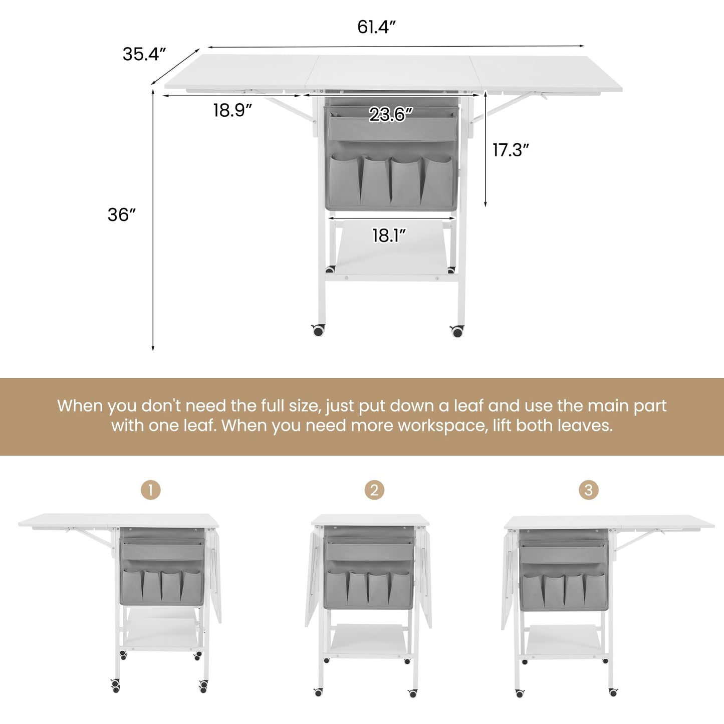 EROMMY Home Hobby Sewing Table with Storage Shelves and Storage Bag, Mobile Folding Cutting Table for Large Fabric, Foldable Desk for Home Office Sewing Room Craft Room, Fixed Height 36in
