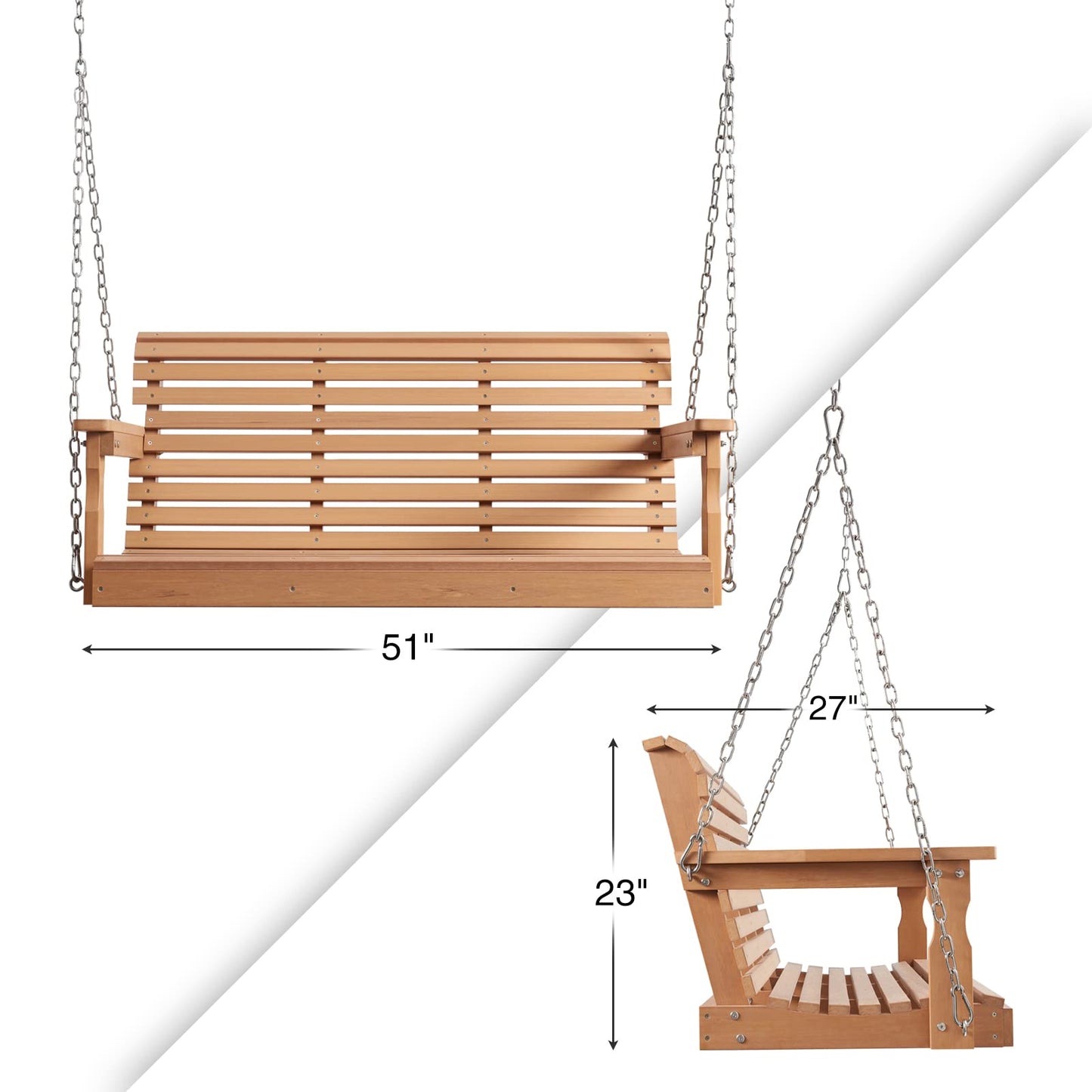 Psilvam HDPE Porch Swing, 2 Seat Hanging Porch Swing Outdoor, All-Weather Patio Swing, Waterproof and Rot-Resistant, Swing Bench for Outside, Garden, Porche and Parks (Teak)