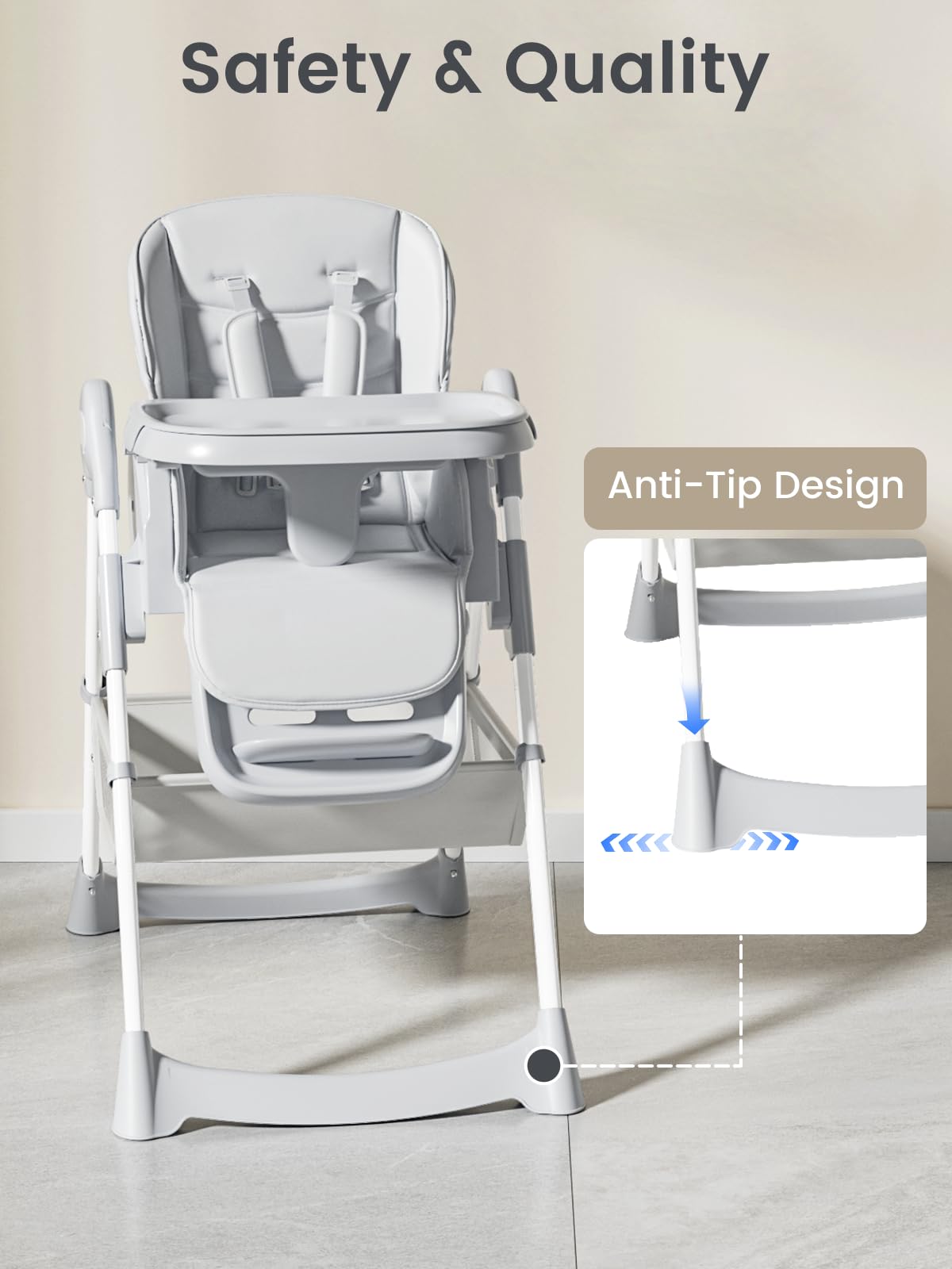 Meetaglow Baby High Chair, Foldable Convertible High Chair for Babies & Toddlers, Adjustable Height & Recline with Removable Double Tray, PU Cushion, Storage Basket, Easy to Clean, Gray