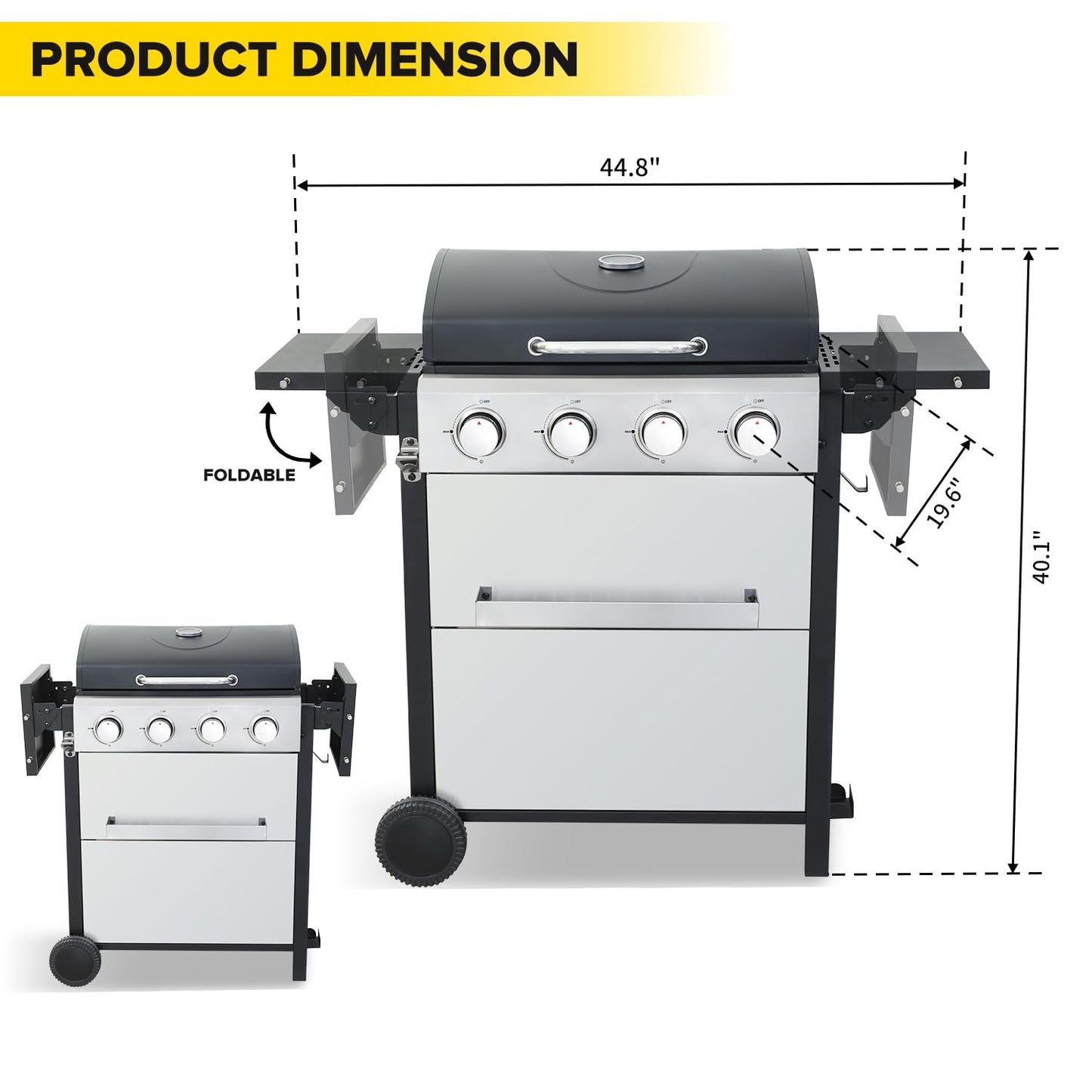 IdeaMaxx 4 Burner Gas Grill with Foldable Shelves, 40,000 BTU Stainless Steel Propane BBQ Grill, 387 Sq. In. Cooking Space, Portable Outdoor Grill for Patio, Backyard, Camping & Tailgating