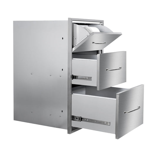 Outdoor Kitchen Drawers with Paper Towel Holder 17" W x 30"H Flush Mount BBQ Drawers with Chrome Handle,Stainless Steel Built-in Triple Access Drawers for Outdoor Kitchen Island, Patio Grill Station