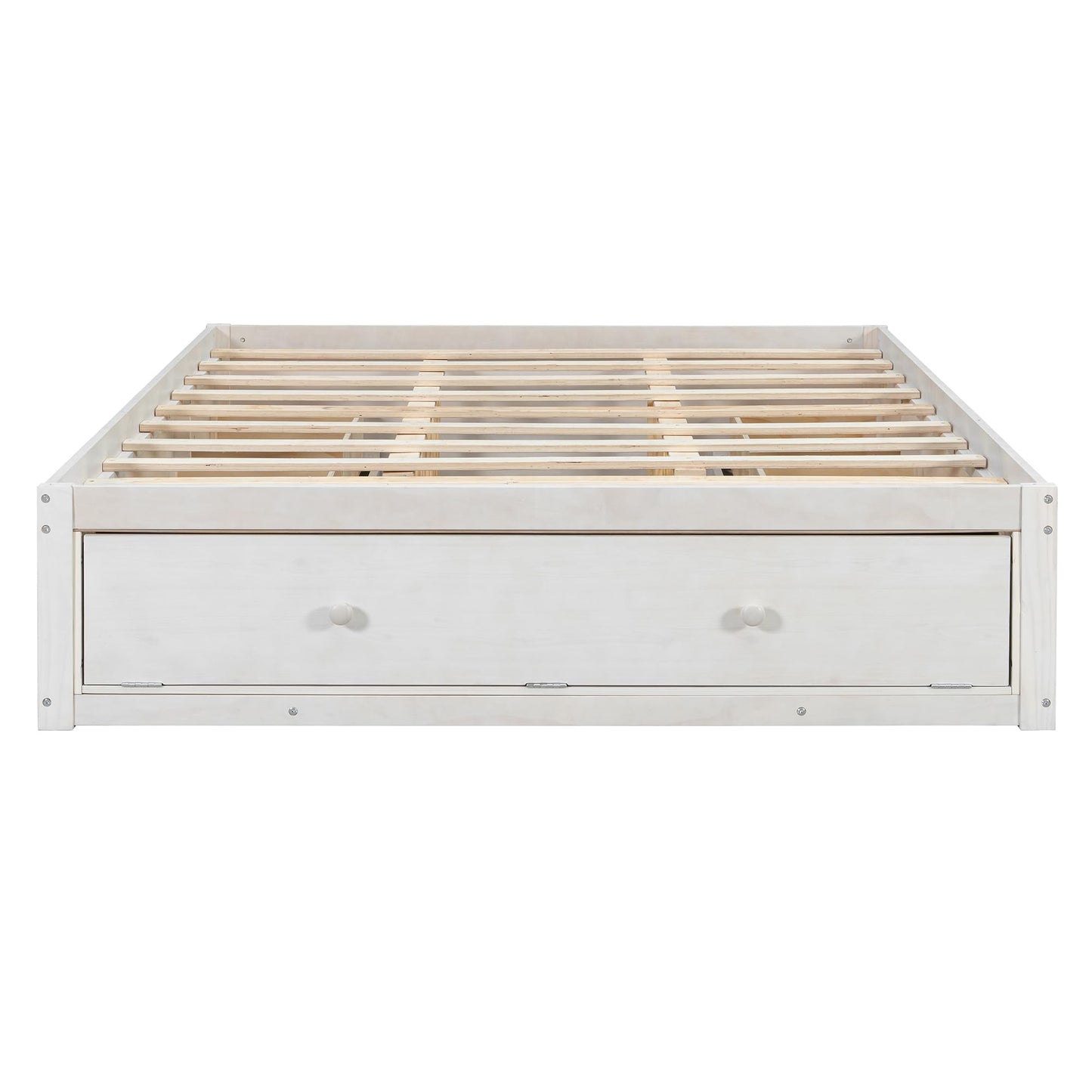 Merax Platform Bed Frame with 4 Storage Drawers and Hydraulic Lift Footboard Storage, No Headboard, Modern Space-Saving Design- Queen Size, Antique White