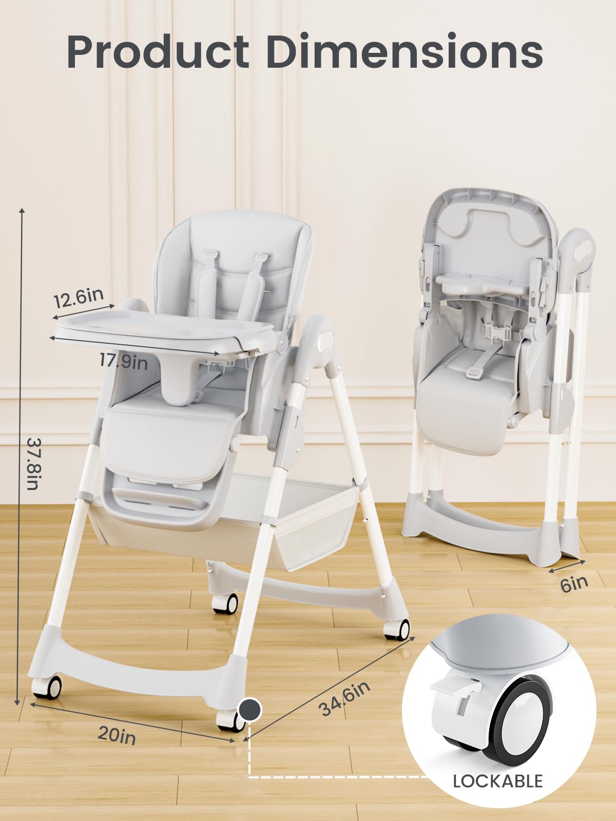 Meetaglow Baby High Chair, Foldable Convertible High Chair for Babies & Toddlers, Adjustable Height & Recline with Removable Double Tray, PU Cushion, Storage Basket, Easy to Clean, Gray