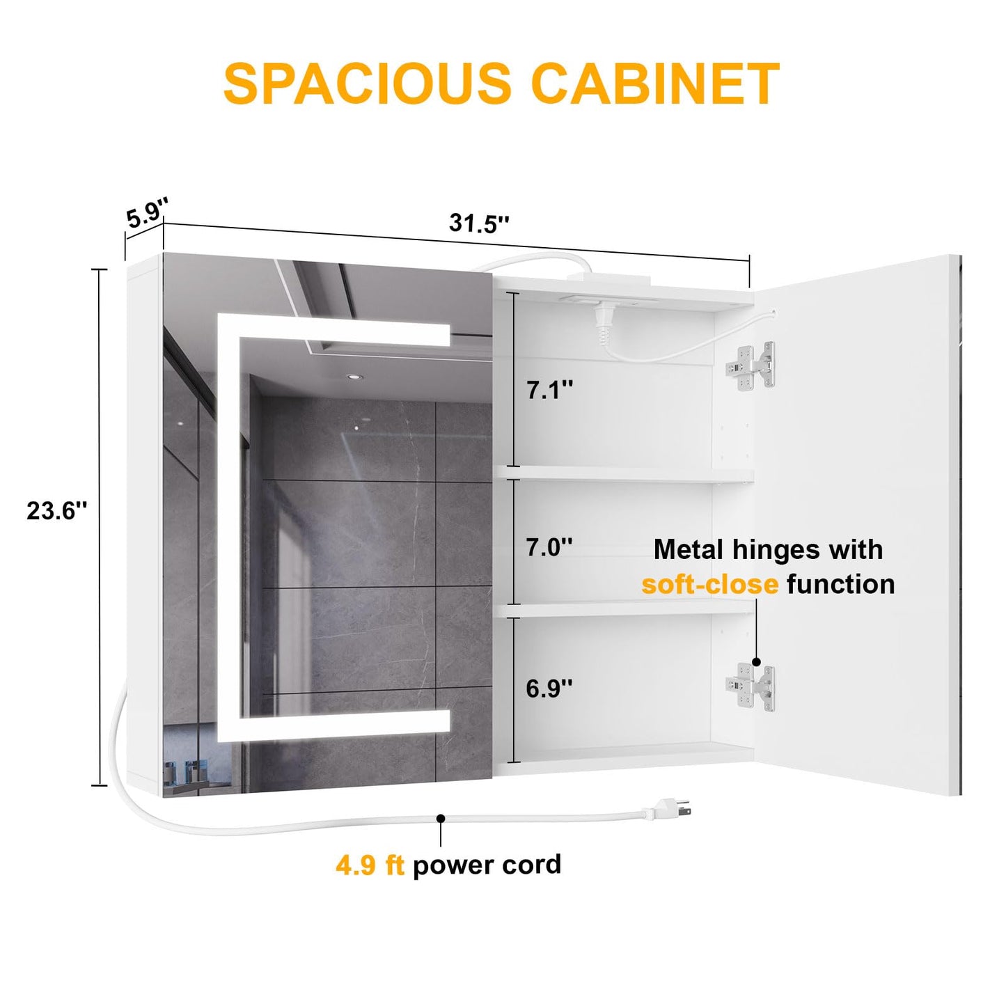 Snughome Bathroom Medicine Cabinet with Mirror and LED Lights, Wall Mount Bathroom Mirror with Storage, Anti-Fog, Built-in Power Outlets, Dimmable 3 Color Temp, Antirust Easy to Install, 31.5" x 23.6"