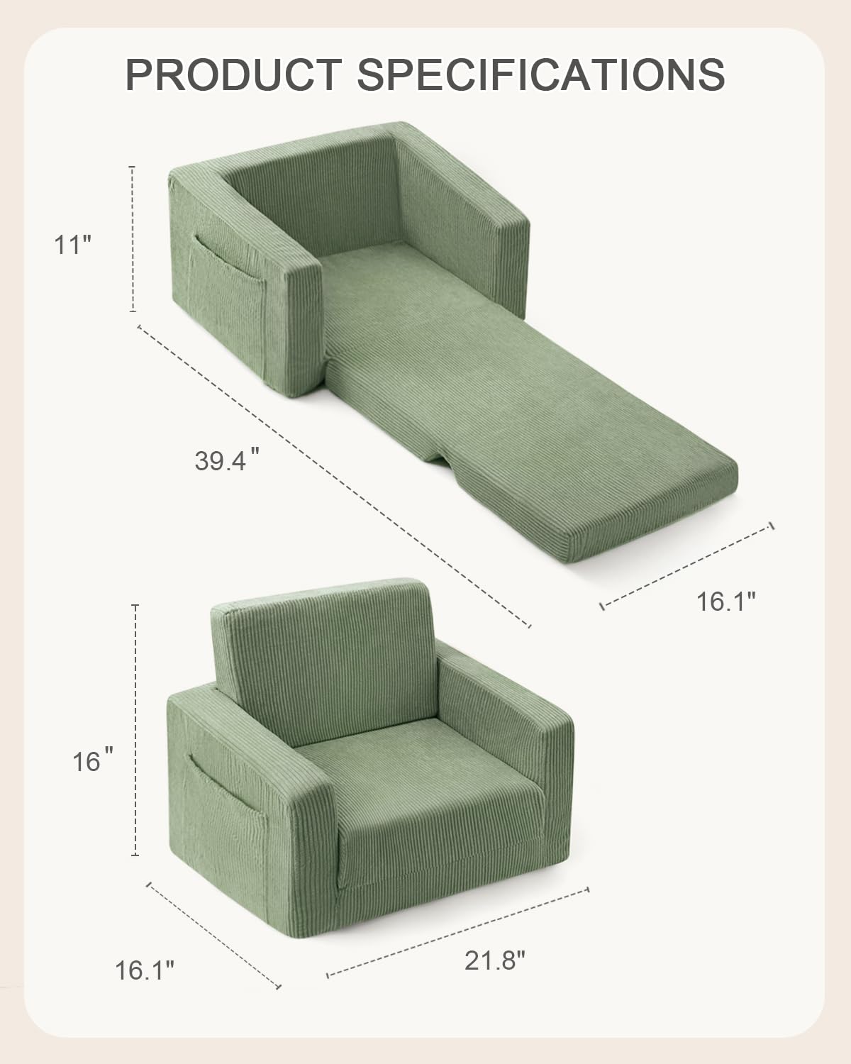 Jouha Toddle & Kids Chair,2-in-1 Soft Toddler Couches that Fold Out,Toddler Chairs Comfy 1-3 Years Old,Convertible Sofa to Lounge,Green