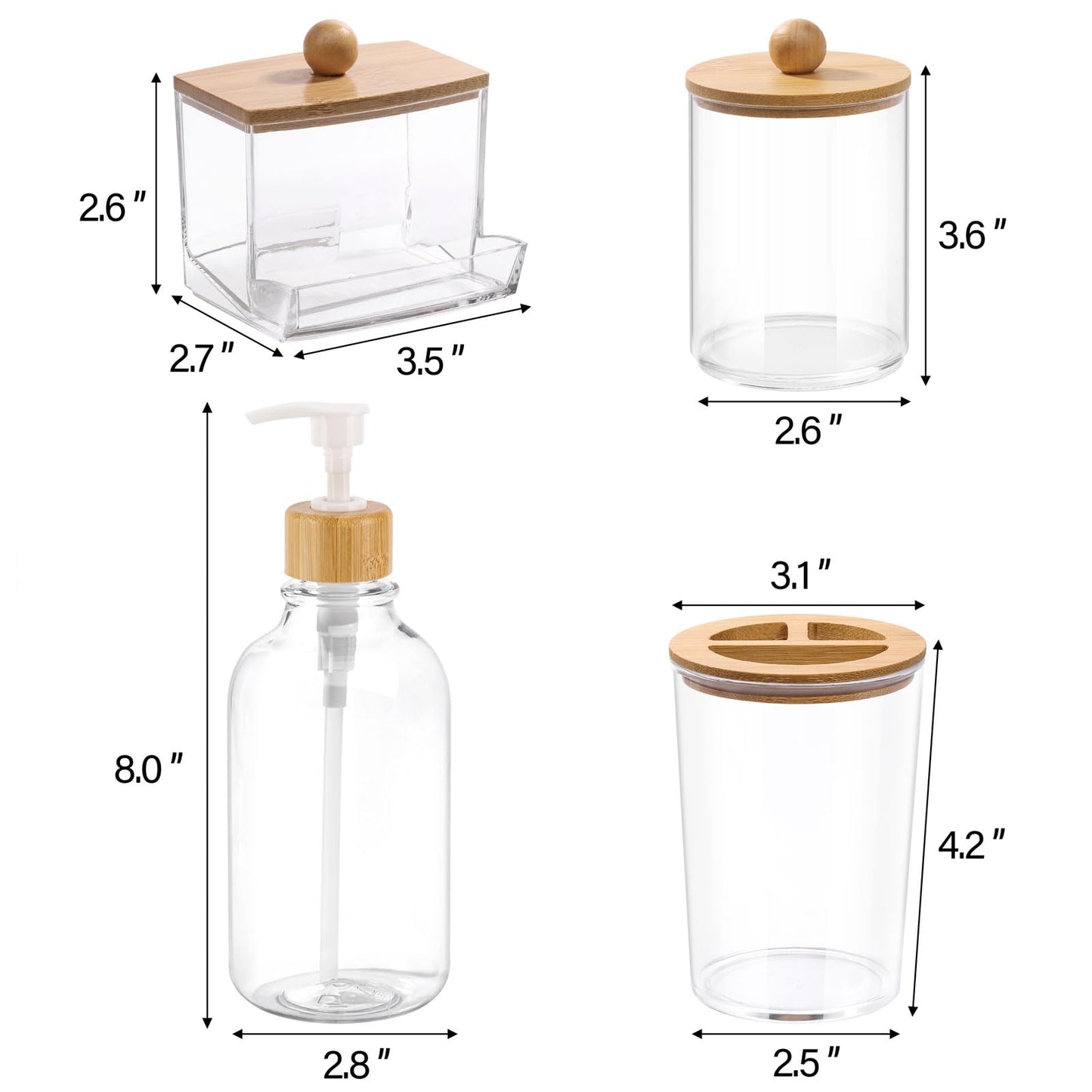 Bamboo Bathroom Accessories Set 4 Pcs - Clear Toothbrush Holder Plastic Soap Dispenser and 2 Qtip Holder Cotton Swab/Pad/Ball Container Jar