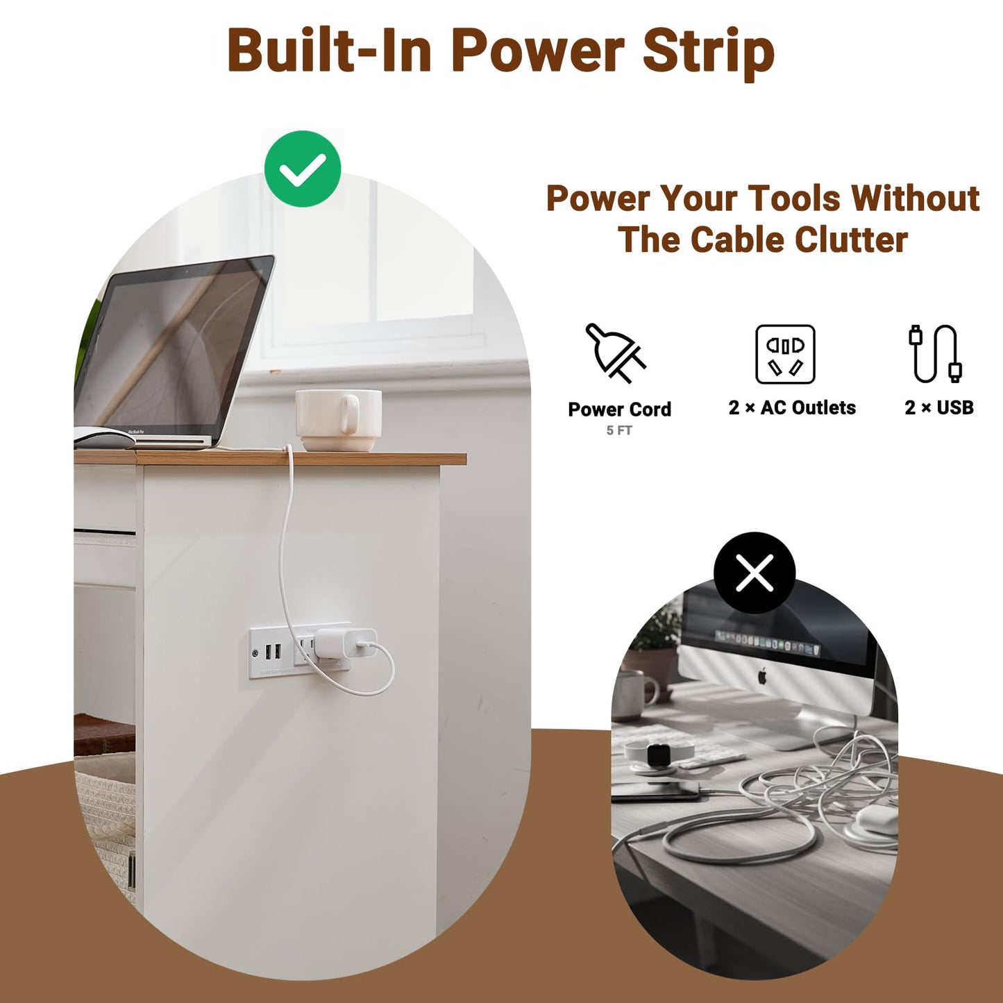 Folding Sewing Table with Charging Station, Rolling Sewing Machine Craft Table with Storage Trays and Shelf, Foldable Sewing Cabinet Desk with Lockable Wheels for Small Spaces (Natural Wood & White)