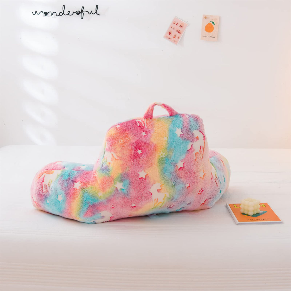 Aimuan Reading Pillow Glow in The Dark Bed Rest Wedge Kids Glow Backrest Pillow Unicorn Print with Arms Back Support for Sitting Up in Bed Cushion, Rainbow