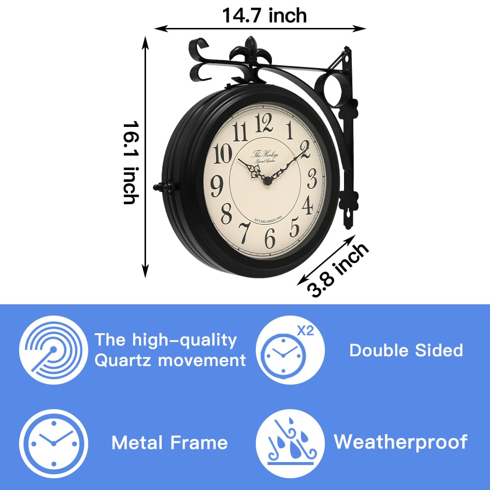 BESTIME 66276B Double Sided Metal Wall Clock with Black Frame.Dial: 10-Inch,Quiet,Easy Read,Retro Station,Antique Hanging Clocks for Garden,Home Decor,Indoor,Outdoor,Living Room.