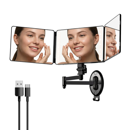 Wall Mounted LED 3 Way Haircut Mirror with Swing Arm, 360° Self Cut View