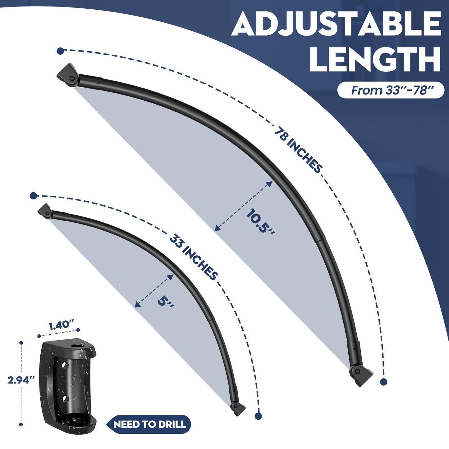 Black Curved Shower Curtain Rod 33-78 Inches Adjustable Splicing Design Need To Drill Shower Rods Curved Round Bowed Rust proof, Premium Stainless Steel Shower Curtain Rod for Bathroom, Bathtub, Stall