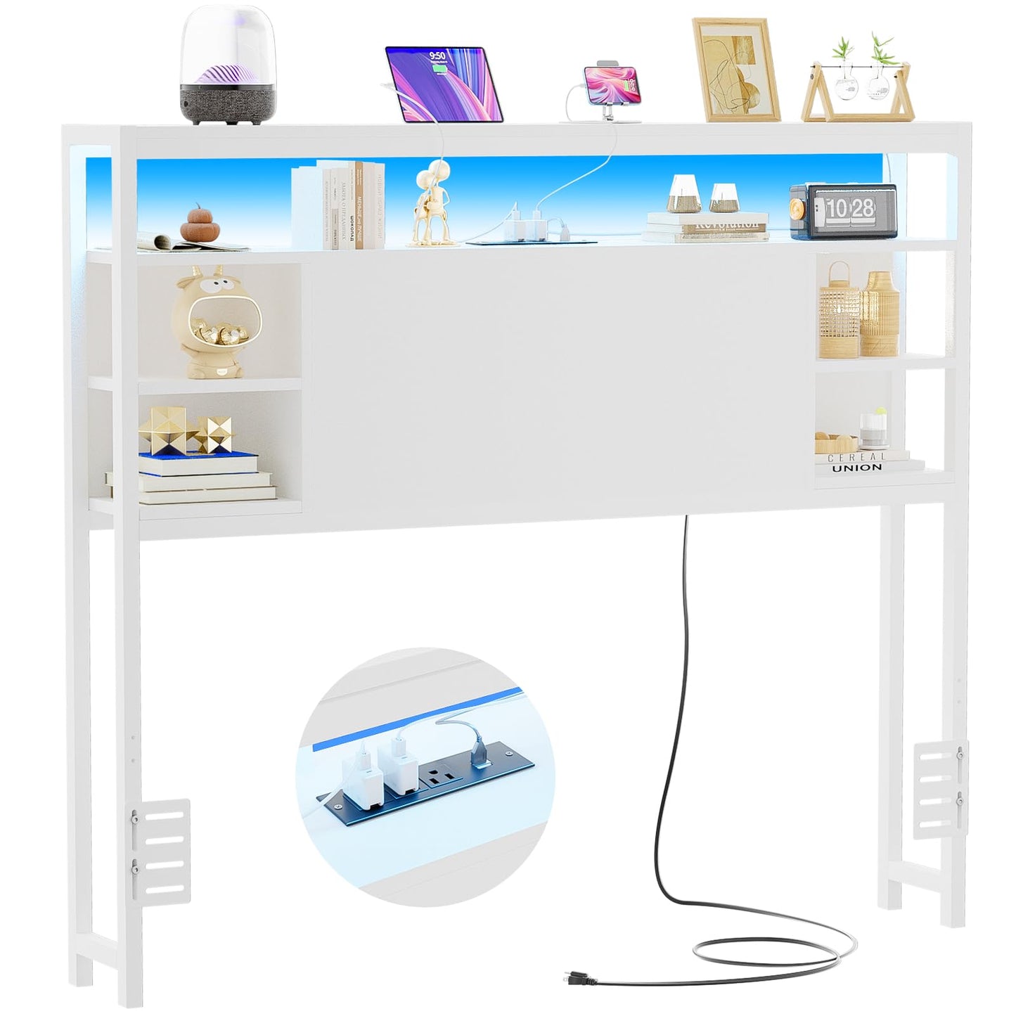 Unikito Twin Headboard with Storage, Headboard with Power Outlets and Smart LED Lights, Sturdy Head Board for Twin Size Bed, Stable Headboards Only for Bedroom, Dorm Room, Guest Room, White
