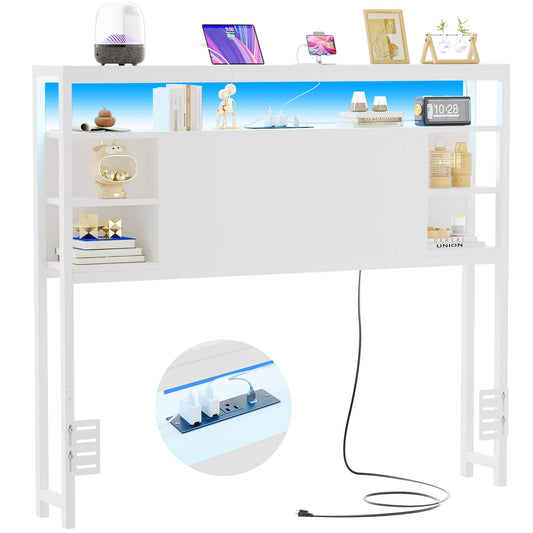 Unikito Twin Headboard with Storage, Headboard with Power Outlets and Smart LED Lights, Sturdy Head Board for Twin Size Bed, Stable Headboards Only for Bedroom, Dorm Room, Guest Room, White