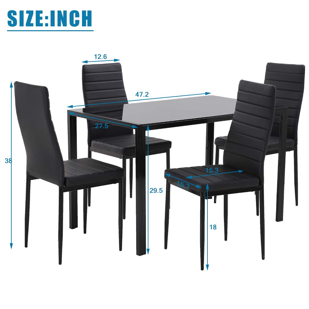 FDW | 5-Piece Dining Table Set | Black | Glass Kitchen Table with 4 Upholstered Chairs and Faux Leather Cushions | Space-Saving and Modern Design | for Dining Room, Easy to Assemble
