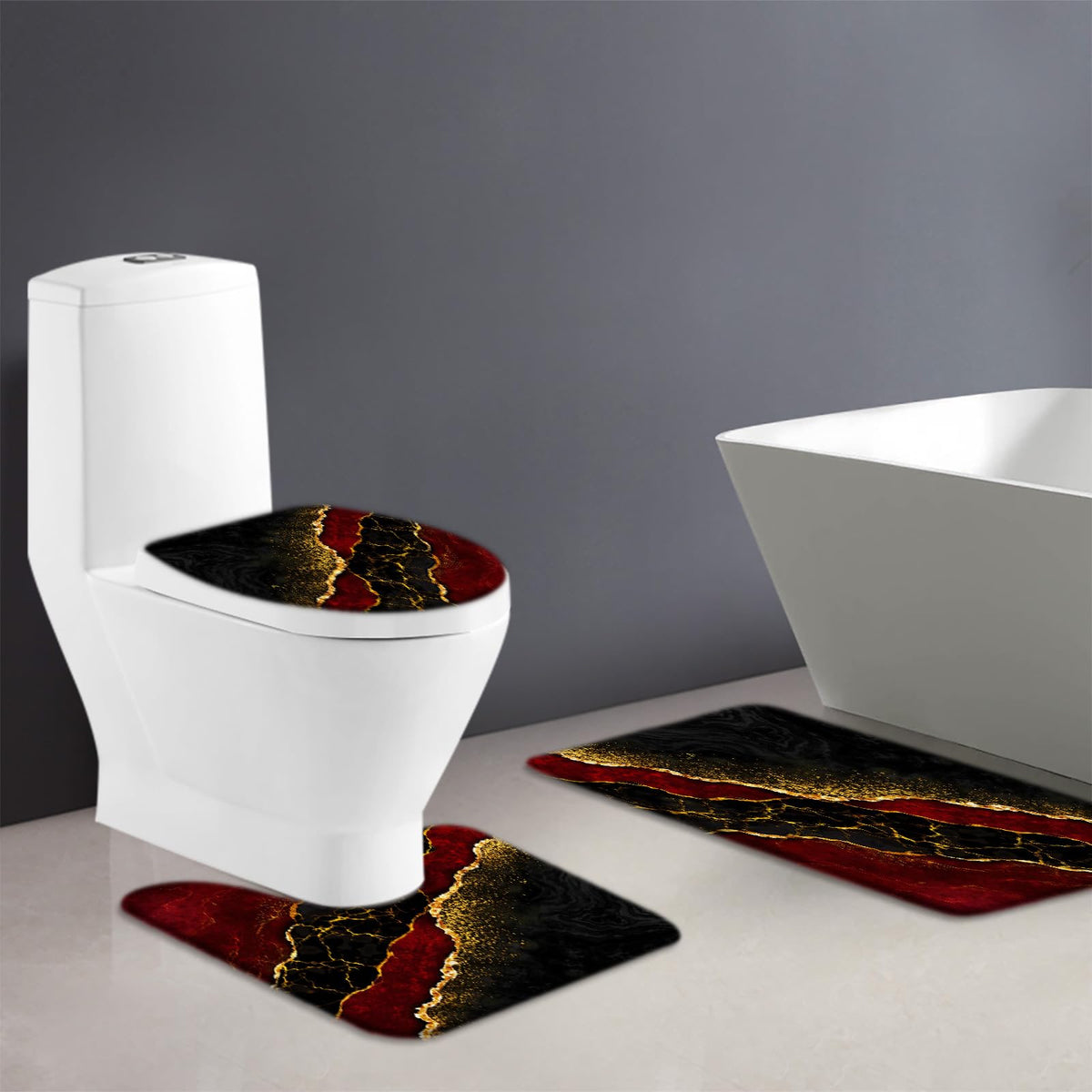 ZKJSMGS Red Marble 3 Piece Bath Rug Sets,Abstract Burgundy Maroon Marble Gold Veins Texture Crack Ink Luxury Geometric 17.8"x29.5"Bath Rug,Toilet Seat Cover, U-Shaped Toilet
