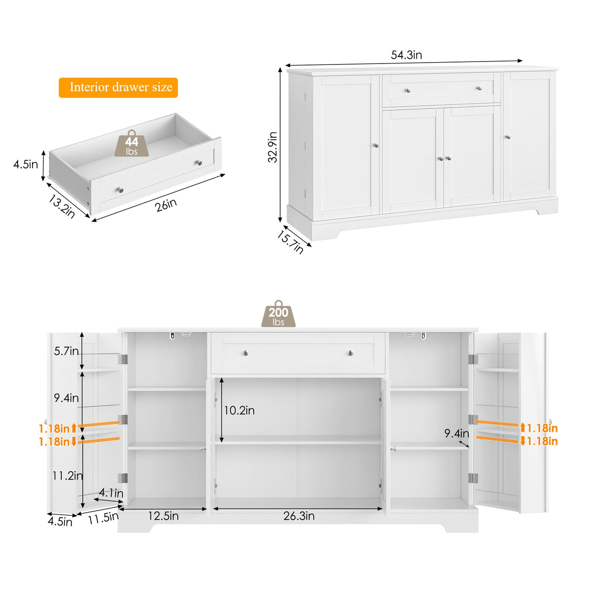 HITHOS 54" W Kitchen Buffet Cabinet with Storage, Coffee Bar Cabinet, White