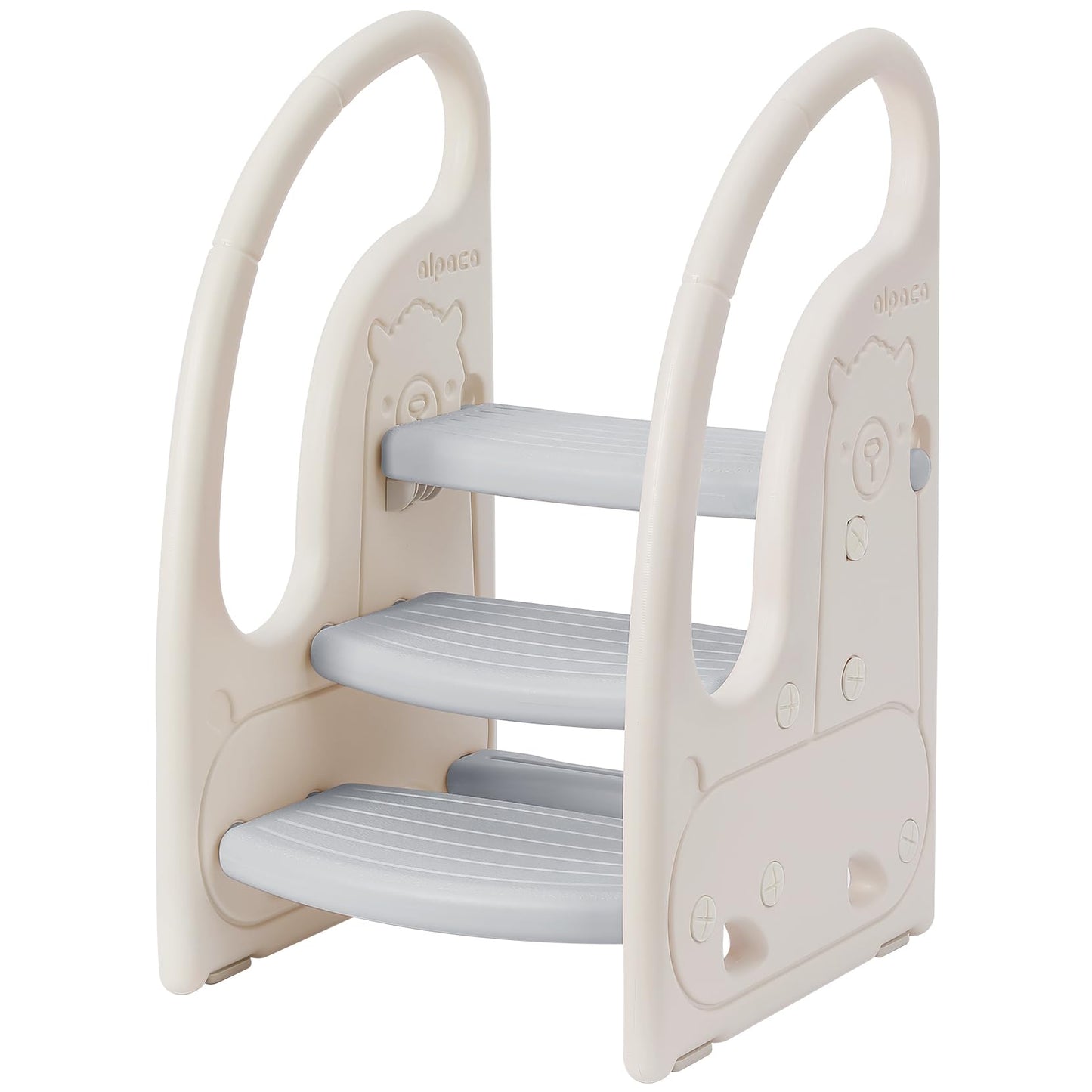 Toddler 3 Step Stool Onasti Kids Standing Tower for Toddlers Plastic Learning Helper Stool for Kitchen Counter Bathroom Sink Toilet Potty Training with Handles and Non-Slip Pads-Grey White