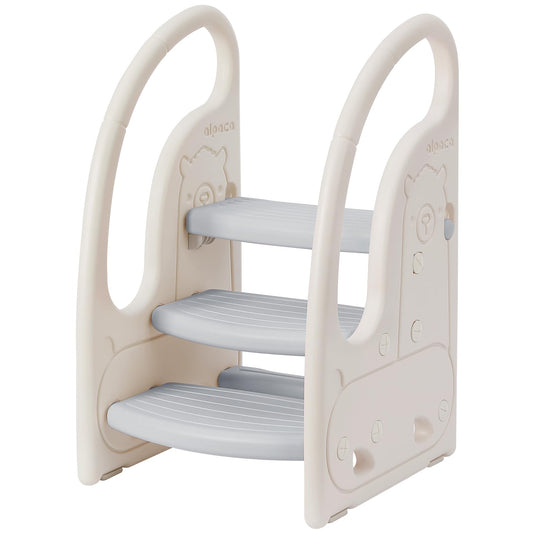 Toddler 3 Step Stool Onasti Kids Standing Tower for Toddlers Plastic Learning Helper Stool for Kitchen Counter Bathroom Sink Toilet Potty Training with Handles and Non-Slip Pads-Grey White