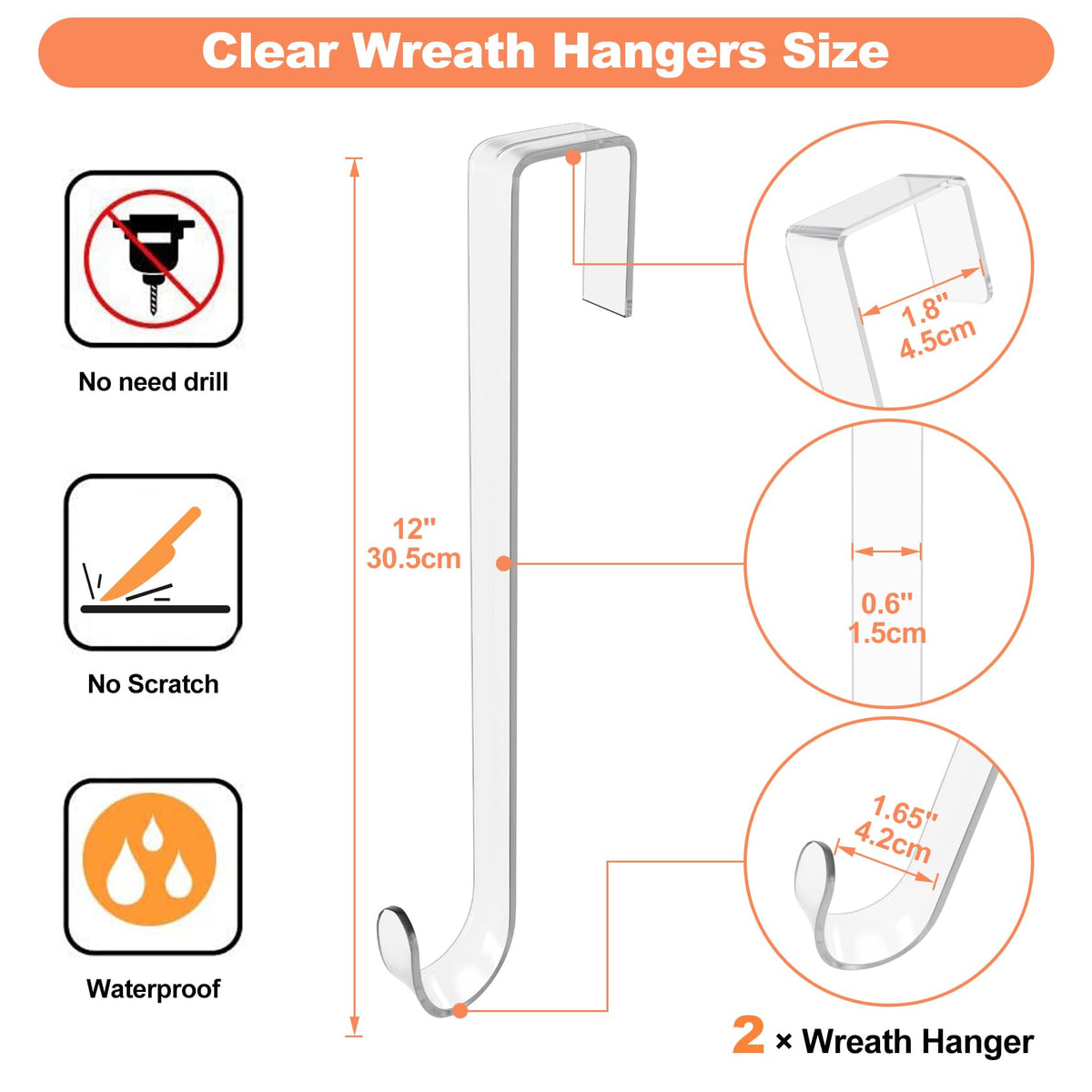 12" Clear Wreath Hangers for Front Door, 2 Pack Over Door Hooks Non-Scratch