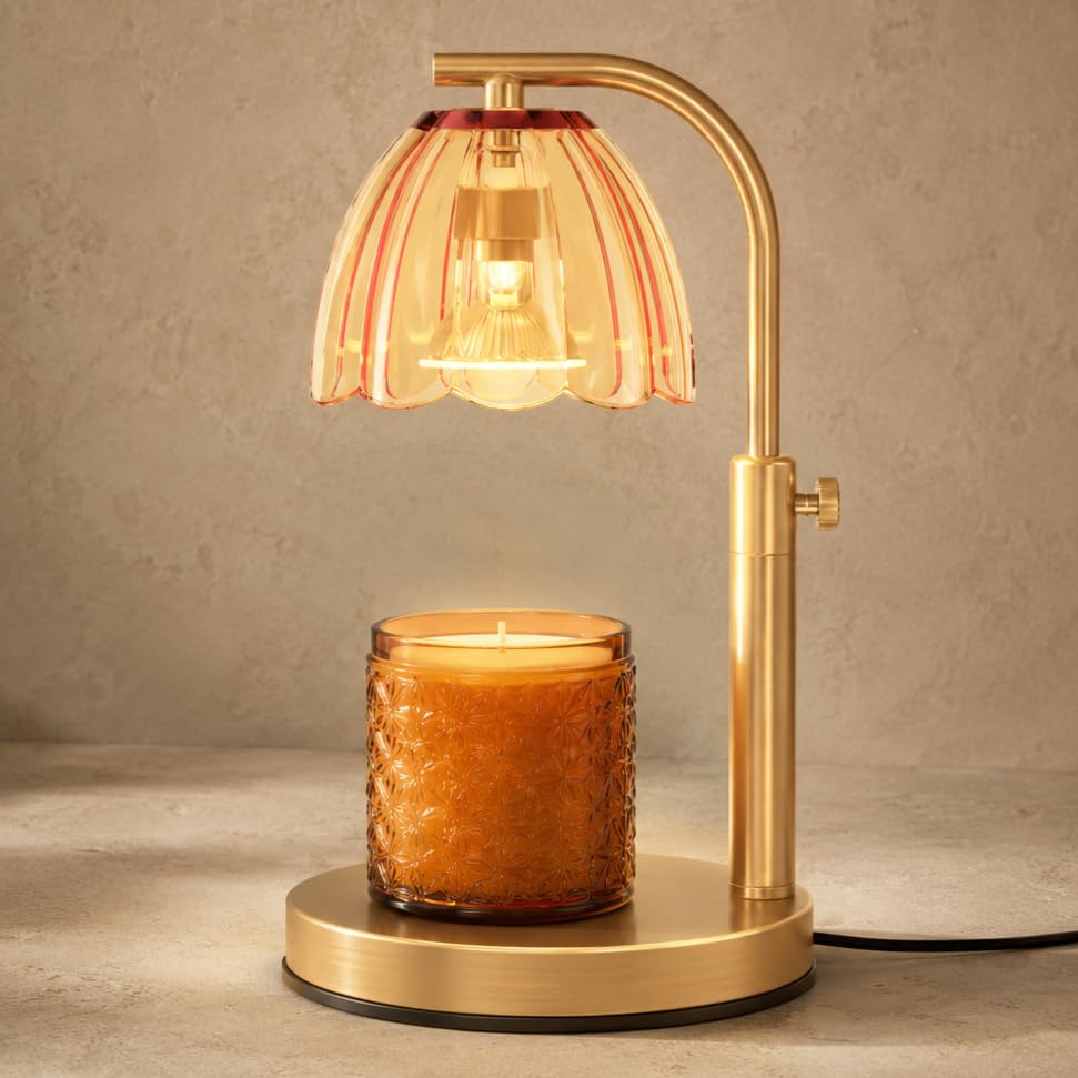 Scalloped Glass Candle Warmer Lamp with Timer (2H/4H/8H) - Dimmable & Adjustable Height - Wax Melter for Large & Small Jar Candles - 2 Bulbs - Gold Metal - Flameless Home Decor Gift for Women (Amber)