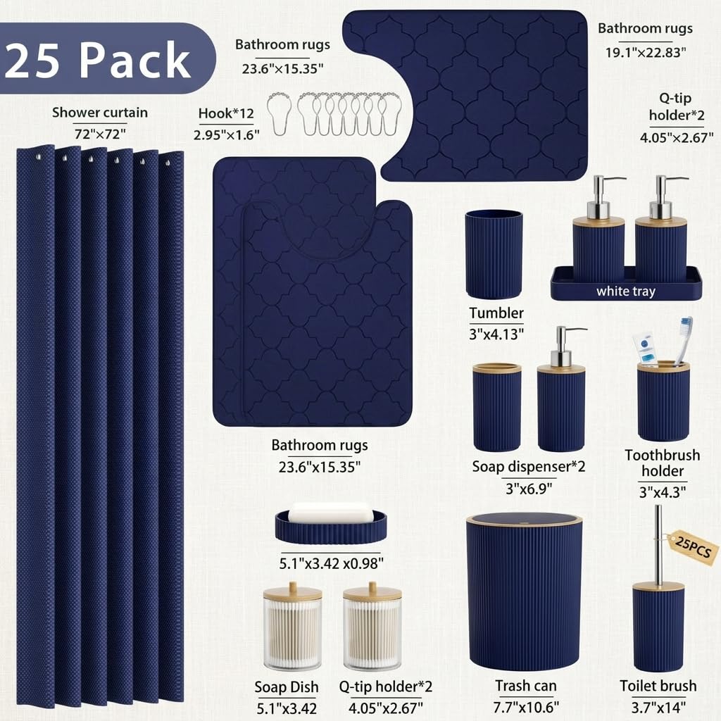 Navy Blue 25-Piece Bathroom Accessories Set with Shower Curtain and Rugs