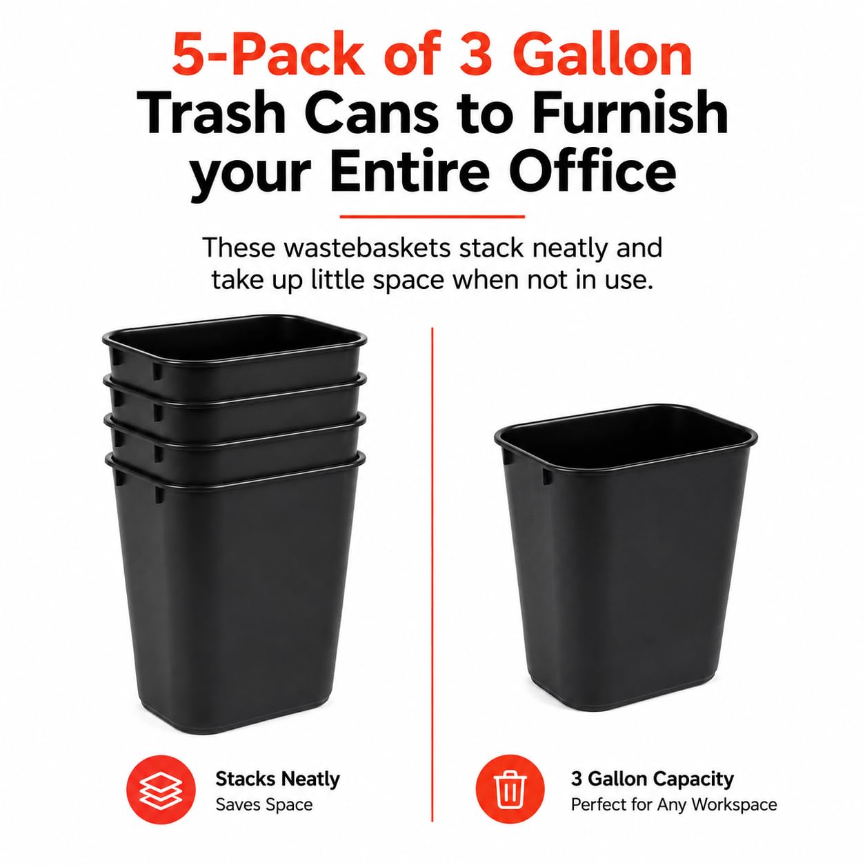 3.5 Gallon Black Wastebasket Under Desk Plastic Trash Can | 5 PACK