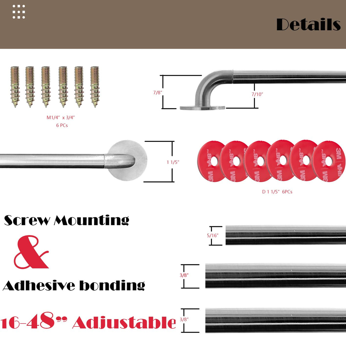 Cafe Curtain Rods - 2 Pack, Adjustable 16-48 Inch, No Drill Adhesive or Screw Mount, Nickel Brushed, 3/8" Diameter for French Door Curtains