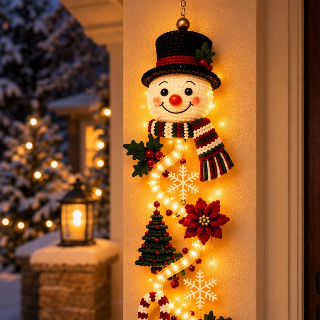 Illuminated Snowman Christmas Door Hanger, Warm Led Lighted 3D Dimensional Holiday Hanging Decor, for Front Door, Porch Column, Wall, Window & Covered Outdoor Entryway，A