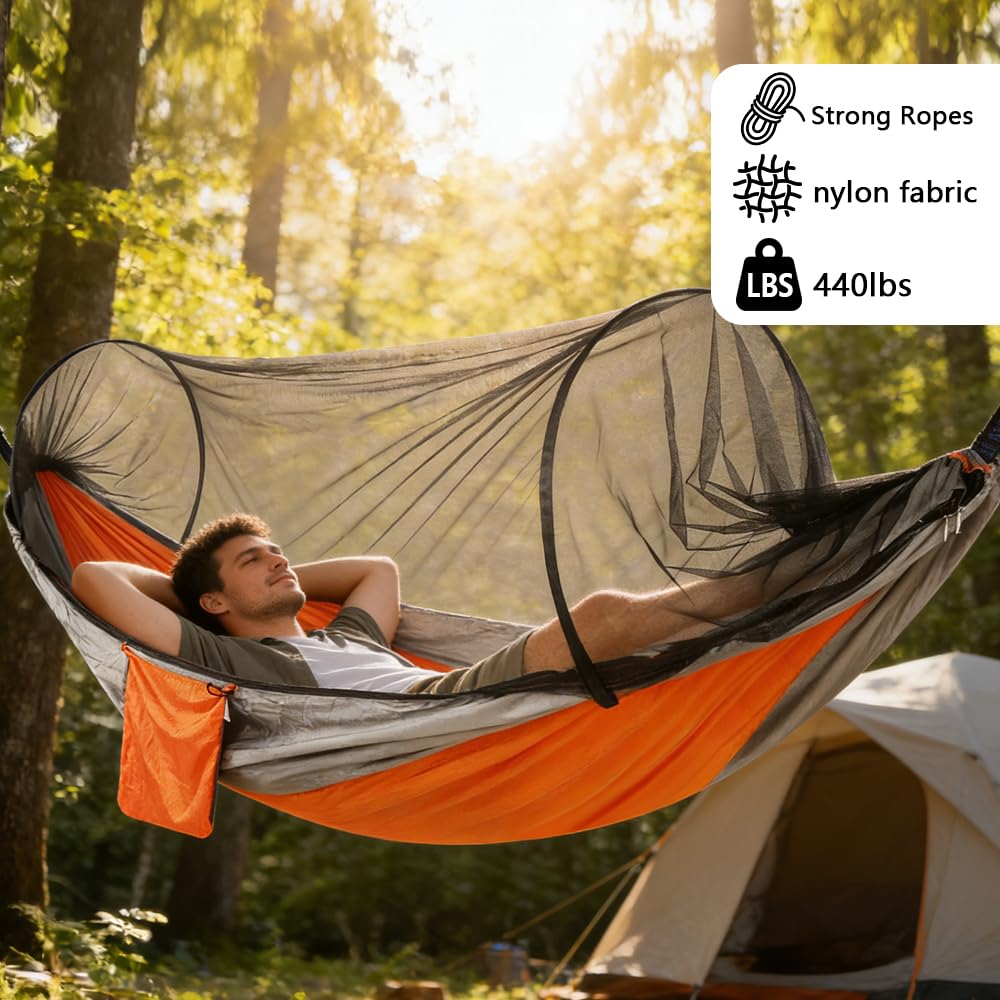 Camping Hammock with Mosquito Net - Double & Single Portable Hammocks with 2 Tree Straps, Lightweight Hammock Tent for Outdoor Camping, Hiking, Backpacking, Beach & Backyard (Orange)