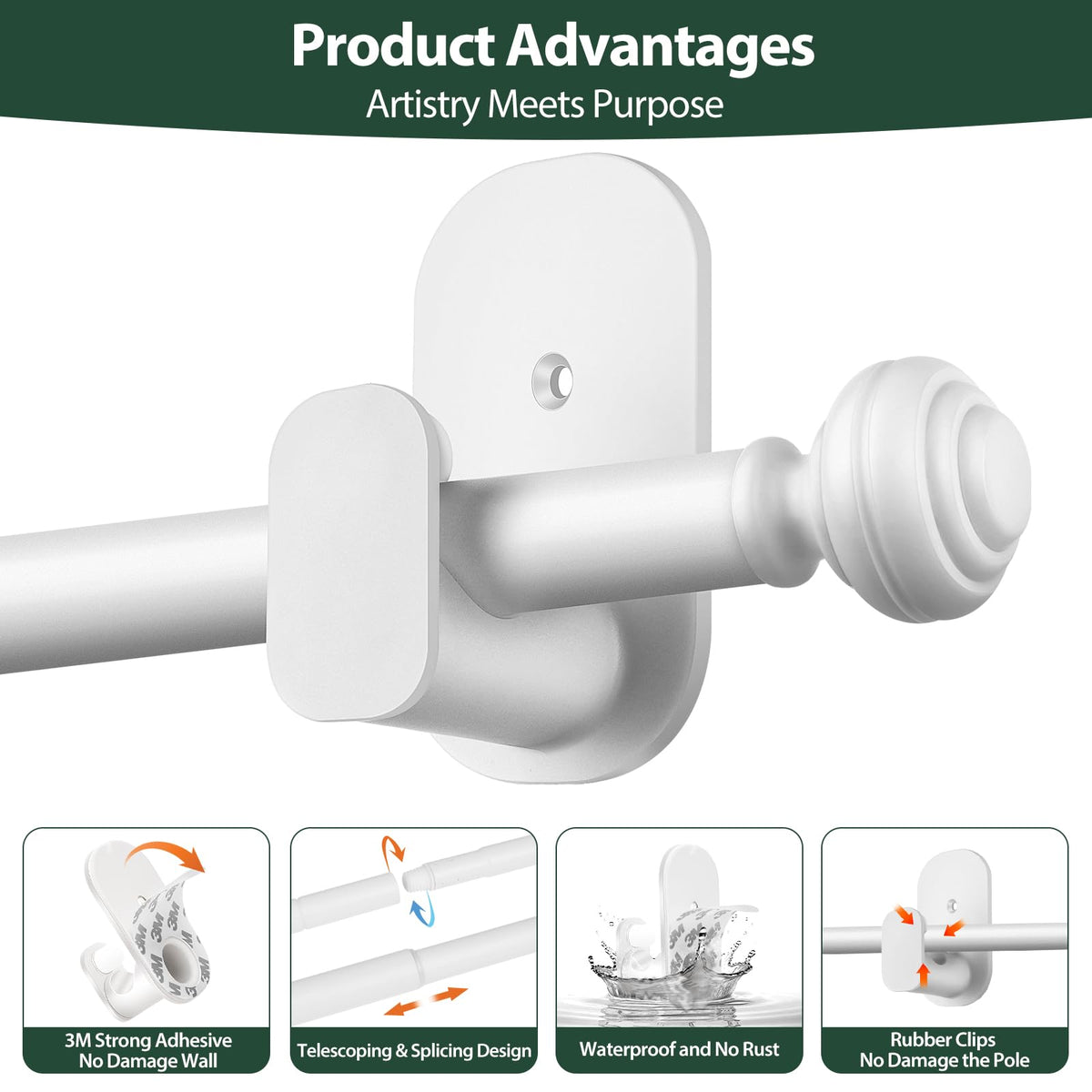 KAMANINA Curtain Rods No Drilling for Windows 32 to 86 Inches, White
