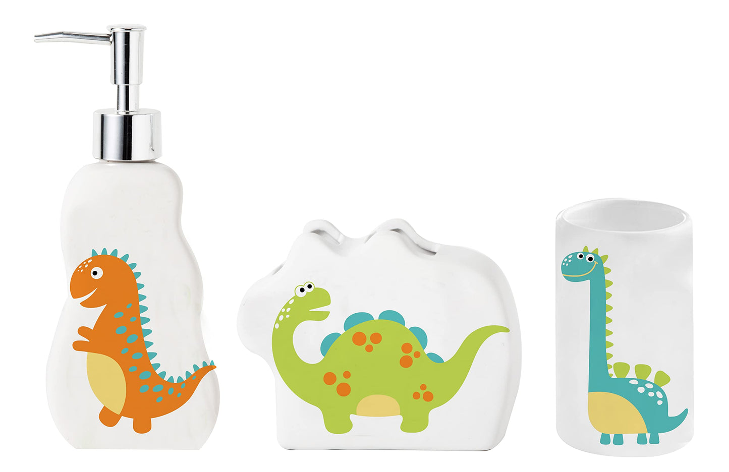 Ivanna Banana Kids Dinosaur Bathroom Set – 3-Piece Fun Bathroom Accessories for Kids, Including Toothbrush Holder, Soap Dispenser, and Cup – Adorable Dinosaur Décor for a Playful Bathroom.