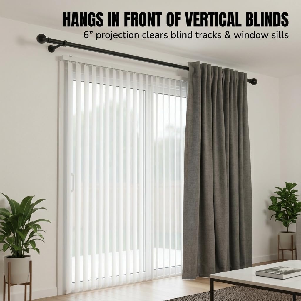 Heavy Duty Curtain Rod Brackets 6 inch Adjustable Holders, Black, Set of 2
