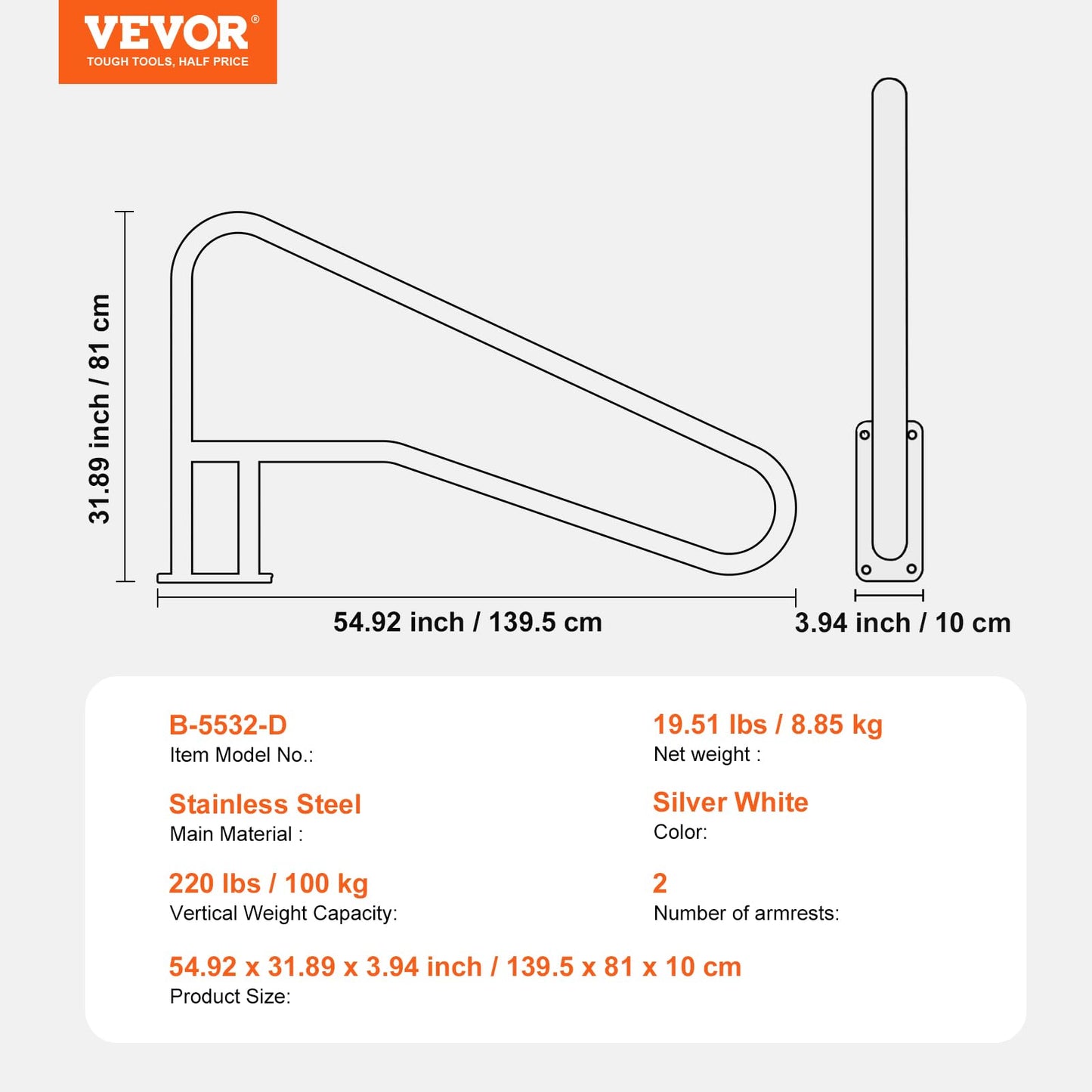 VEVOR Pool Handrail, 2 PCS 55 x 32 inch Railing, Stainless Steel with Base Plate for Indoor/Outdoor, Rust-Proof Grab Bar w/Grip Cover&Accessories for Decks/Spas