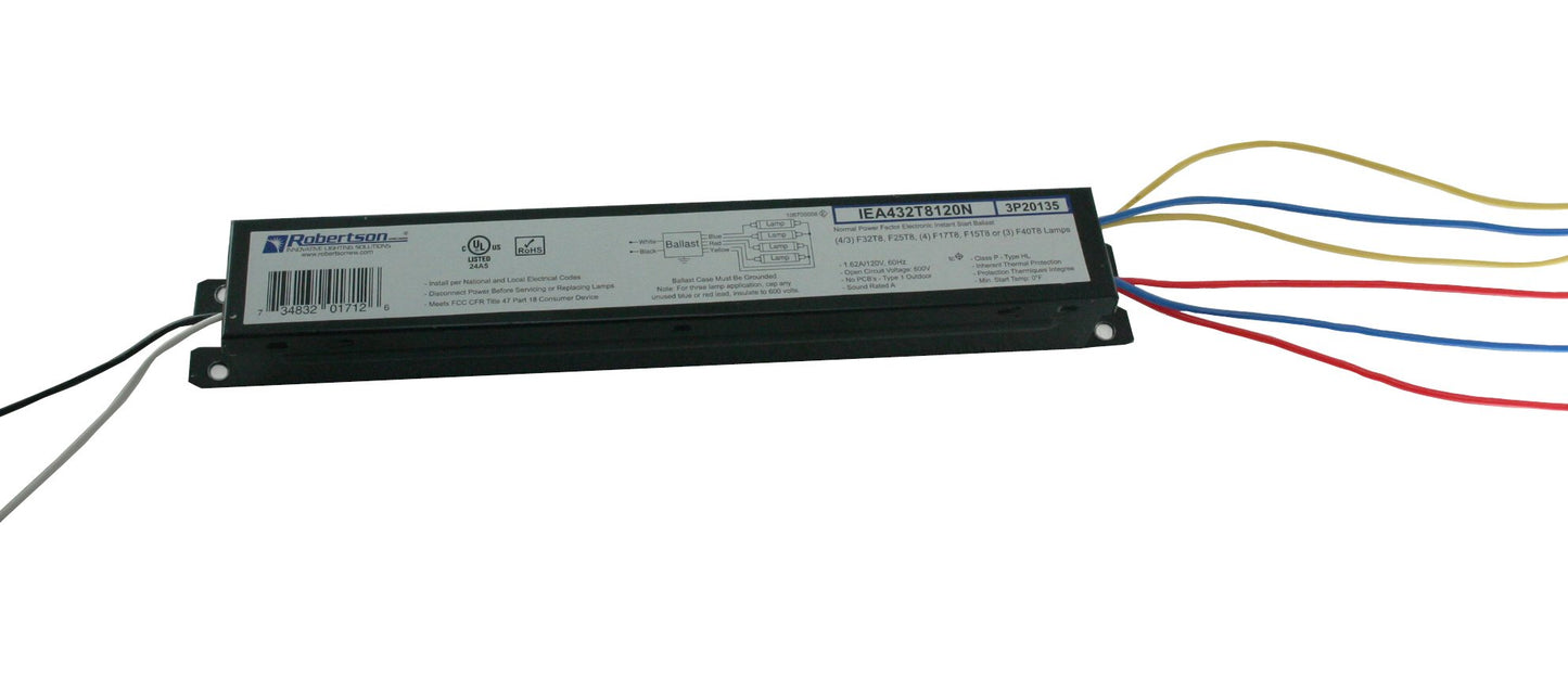 Robertson IEA432T8120N (3P20135) Electronic Fluorescent Ballast, for 3 or 4 T8 Fluorescent lamps between 17W-32W (F17T8 through F32T8) or 3 F40T8 Lamps, Instant Start, 120V (Qty 1)