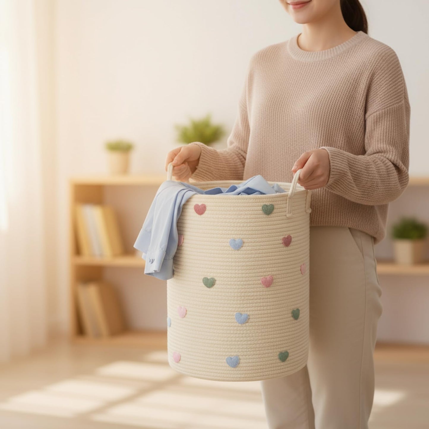 LemonRoad Macaron Heart Laundry Hamper Large Cotton Rope Storage Basket Woven Storage Bucket with Handles for Bathroom Bedroom Nursery Toy Clothes Organizer, 60 L