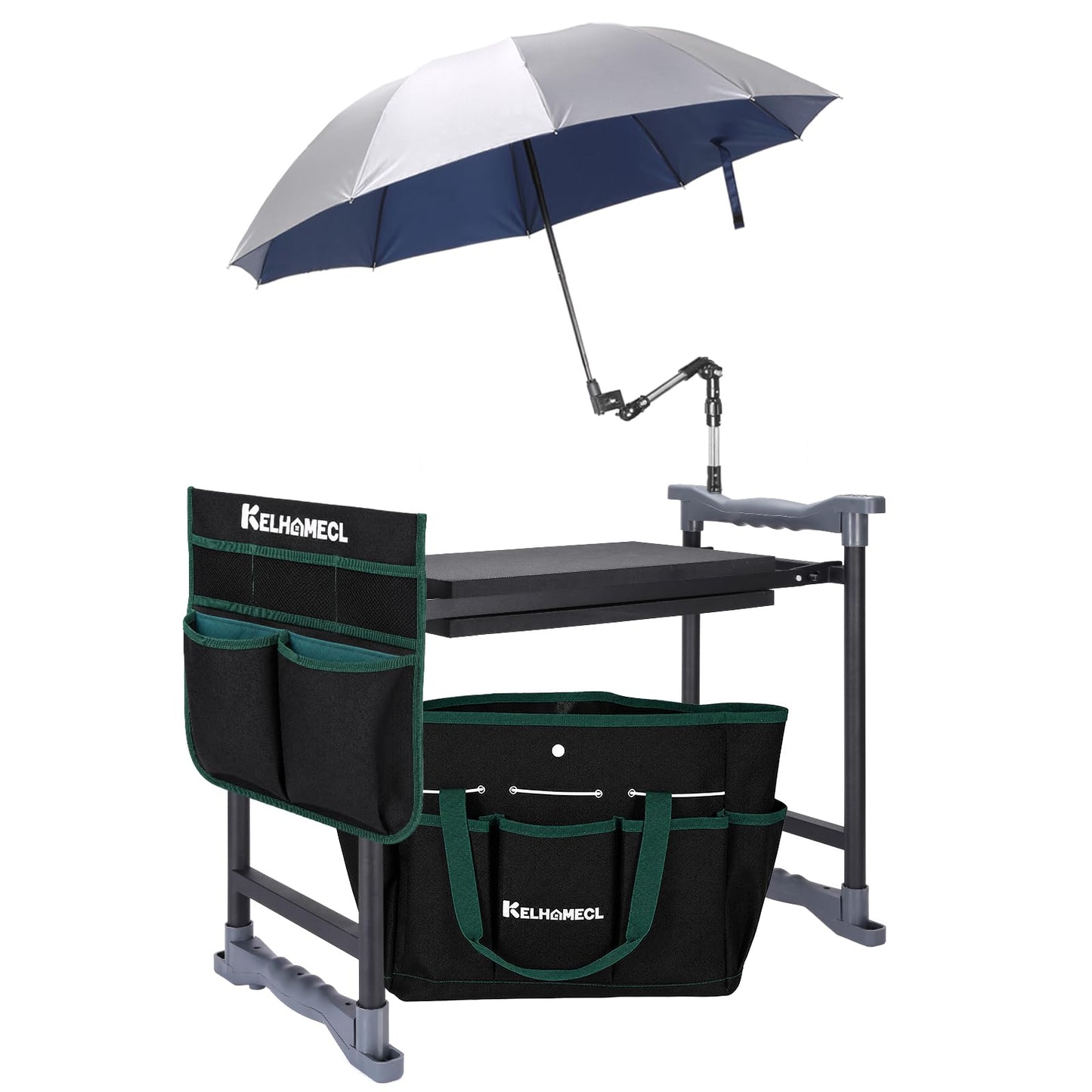 KELHOMECL Garden Kneeler and Seat with Umbrella, 2-in-1 Foldable Gardening Stool with Adjustable Bracket, Detachable Tool Bags, Heavy Duty Kneeling Pad for Gardening (Beige Green)