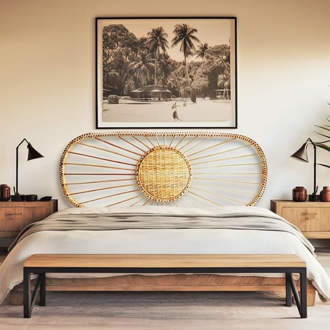 direfly Boho Chic Rattan Headboard – Handwoven Wicker & Reclaimed Wood Frame – Queen/King/Full/Double Size Natural Bed Headboard