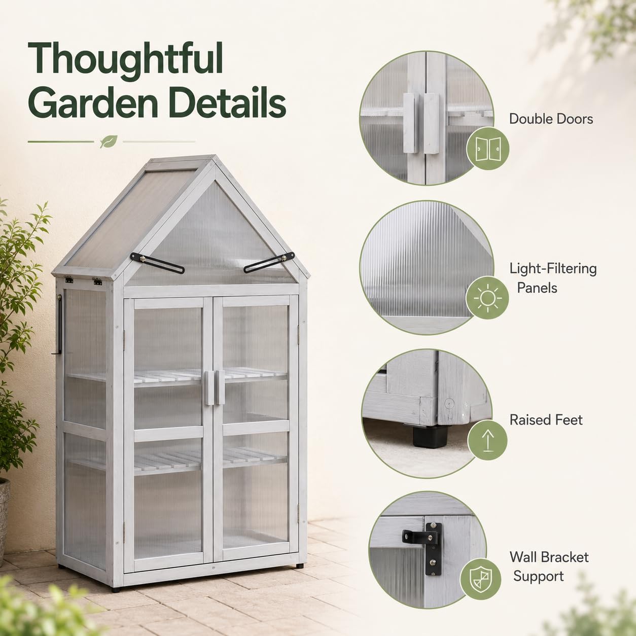 WizSeq Wooden Mini Greenhouse Outdoor, 52.3" Cedar Cold Frame Plant Stand with Adjustable Roof, Removable Shelves and Wall Brackets for Patio, Balcony, Garden, French Gray