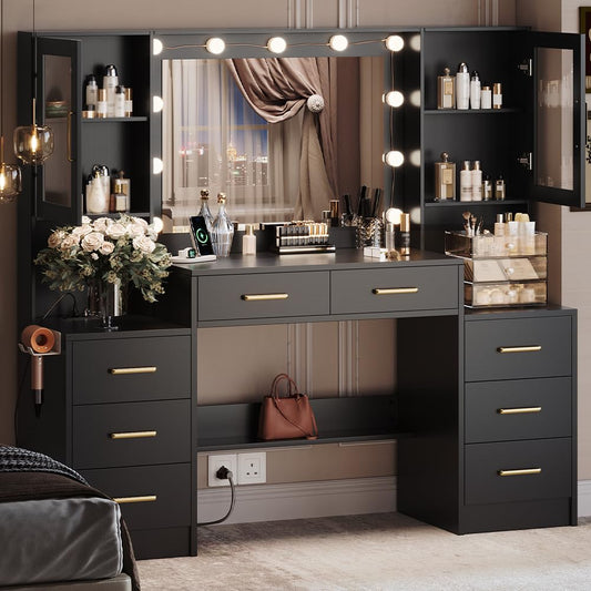 TOKSOM Black Vanity Desk with Mirror, Lights & Charging Station, 58.3" 3 Lighting Modes Makeup Desk with 8 Drawers, 2 Cabinets and Lots Storage, Dressing Table Vanity Set with Lighted Mirror