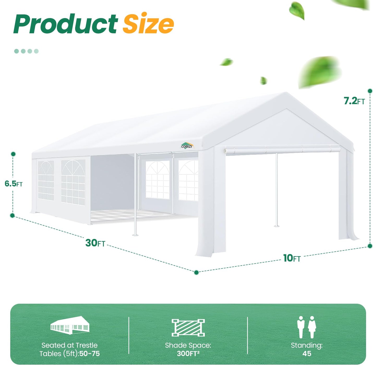 COBIZI 10x30 FT Party Tent Heavy Duty, Large Outdoor Wedding Tents for Parties with 8 Sidewalls & Built-in Sandbags,Waterproof Event Canopy Gazebo Commercial Tent for Carport,Patio,Windproof
