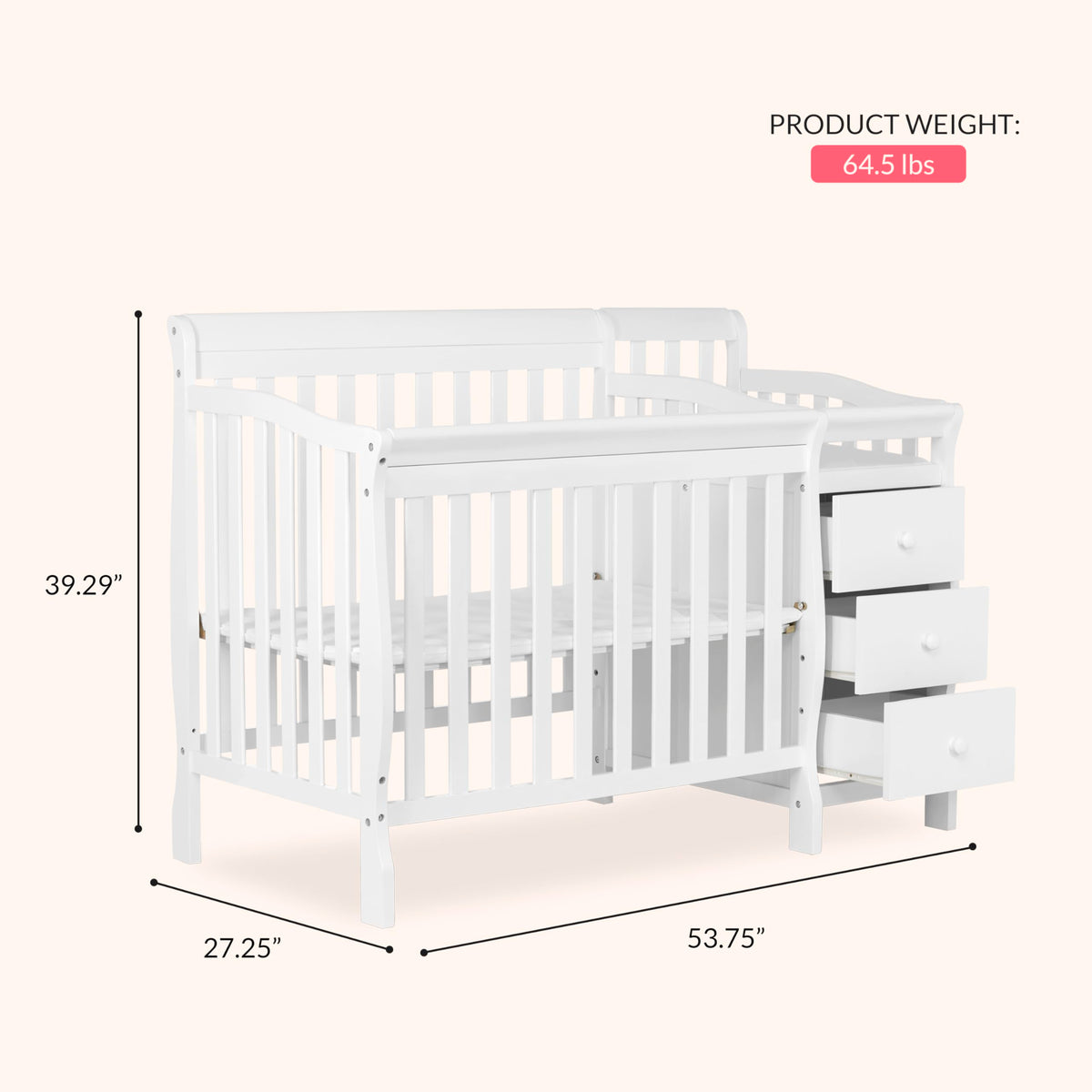 Dream On Me Jayden 4-in-1 Convertible Mini Baby Crib with 3 Drawer Changer