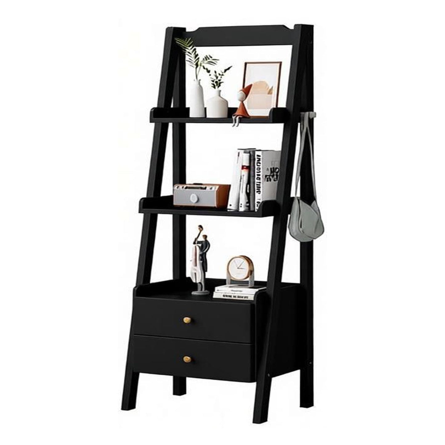 YKHTBDL Solid Ladder Bookshelf with Storage, Modern Wooden Display Shelf, Tall Narrow Plant Stand with Drawers for Living Room, Bedroom & Home Office Black B (23.62''L× 14.17''W×55.11''H)