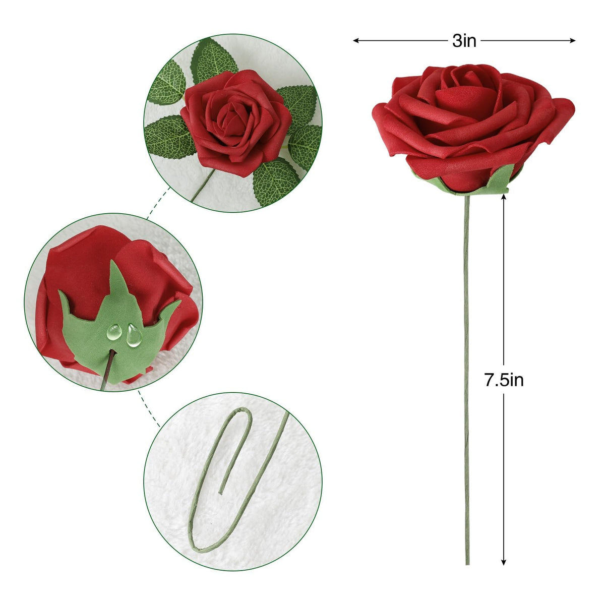 AmyHomie Dark Red Rose 25pcs Real Looking Artificial Flowers w/Stem