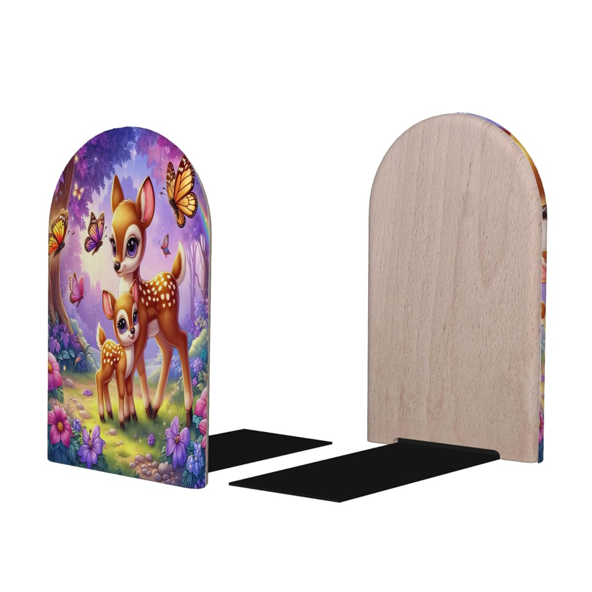 (2 PCS/1 Pairs) Wood Bookends, Cartoon Deer Butterfly Forest Decorative Wood Bookends for Shelves Kids Room Desk Home Office Book Stoppers for Holiding Books 5x3 Inch