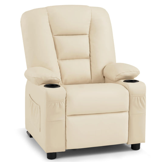 MCombo Big Kids Recliner for Ages 3+, Child Reclining Chair, Toddlers Recliner Sofa with Cup Holders, Faux Leather, 7322(Cream White)