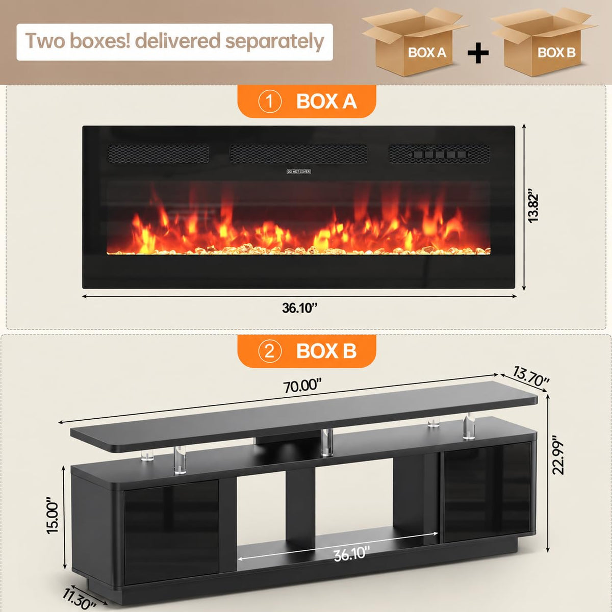 OneBlis 4-Piece Living Room Furniture Set with LED Fireplace TV Stand and Coffee Table & Nightstands Set of 2, Modern TV Stand with Storage Table Set for Living Room