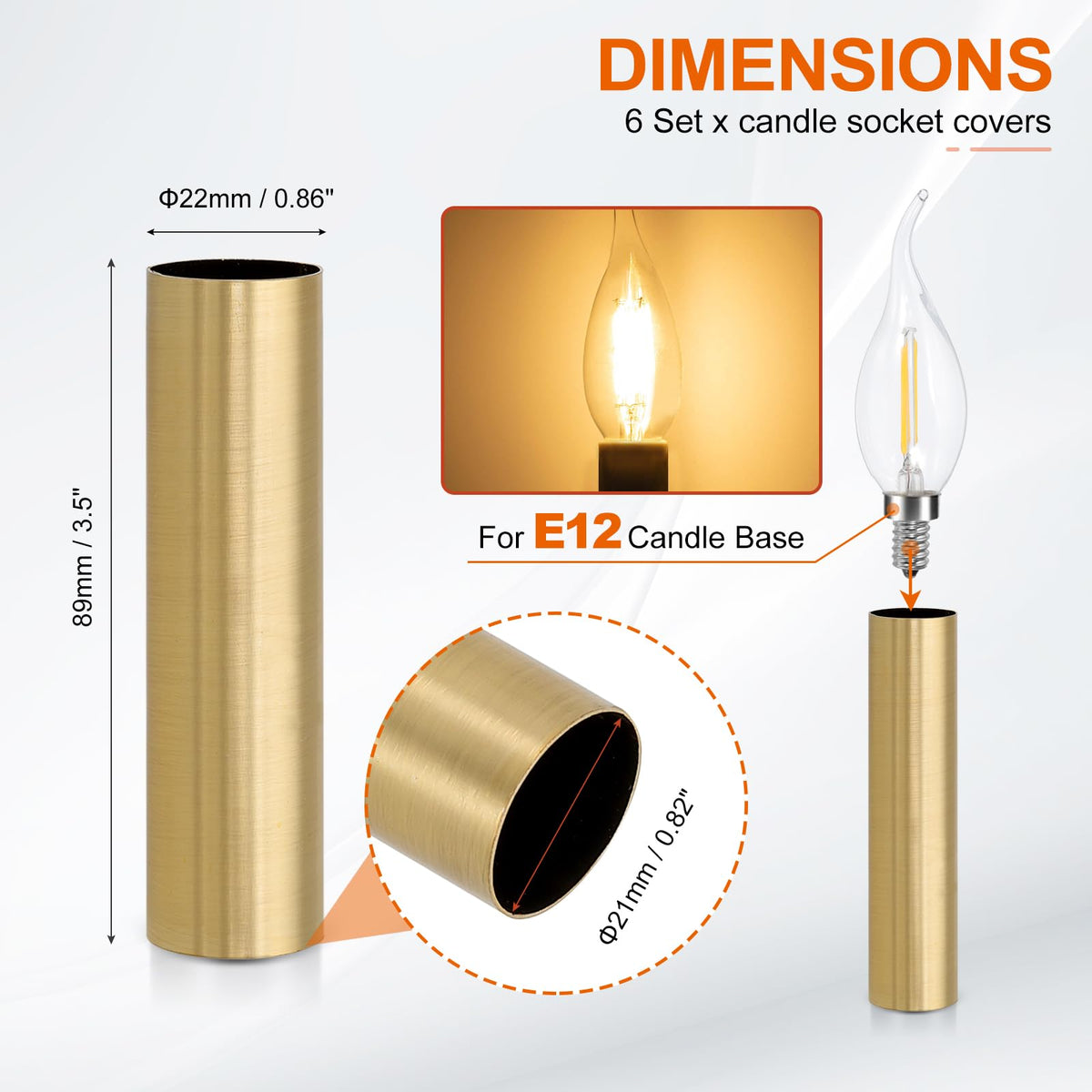PATIKIL 3.5" Tall Candle Covers Sleeves, 6Pcs Metal E12 Chandelier Socket Sleeves with Insulation Heat Shrinkable Flame Retardant Tube Bulb Light Base Holder for Lamps, Golden