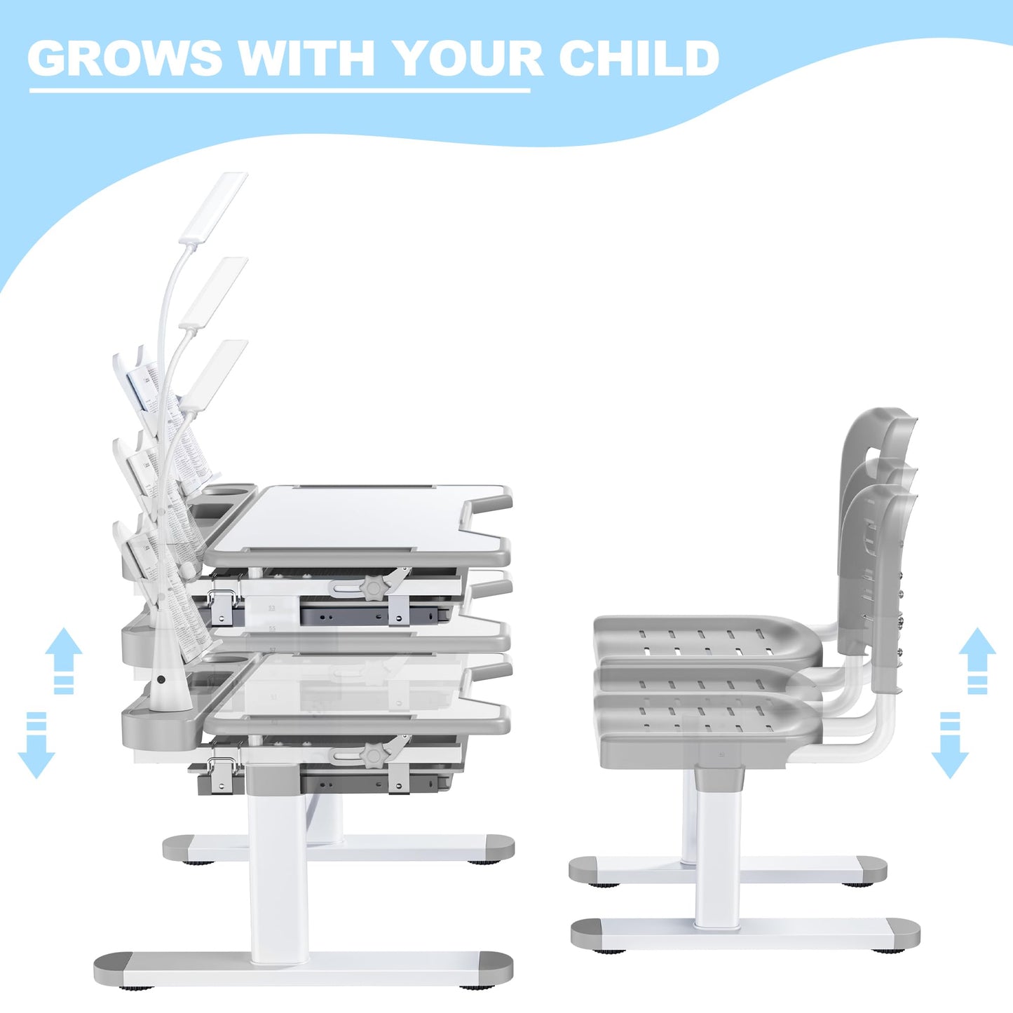Decofy Kids Desk and Chair Set, Height Adjustable Desk for Kids Ages 3–12 with Tilted Desktop 0–55°, 3 Modes & Brightness LED Lamp, Study Table with Drawer & Metal Hook for Boys Girls (Gray)